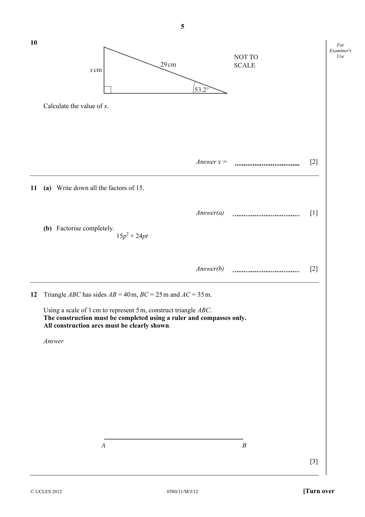 Cambridge IGCSE Mathematics 0580 2012 May/June Paper 1 · Variant 1 question paper, page 5 of 12