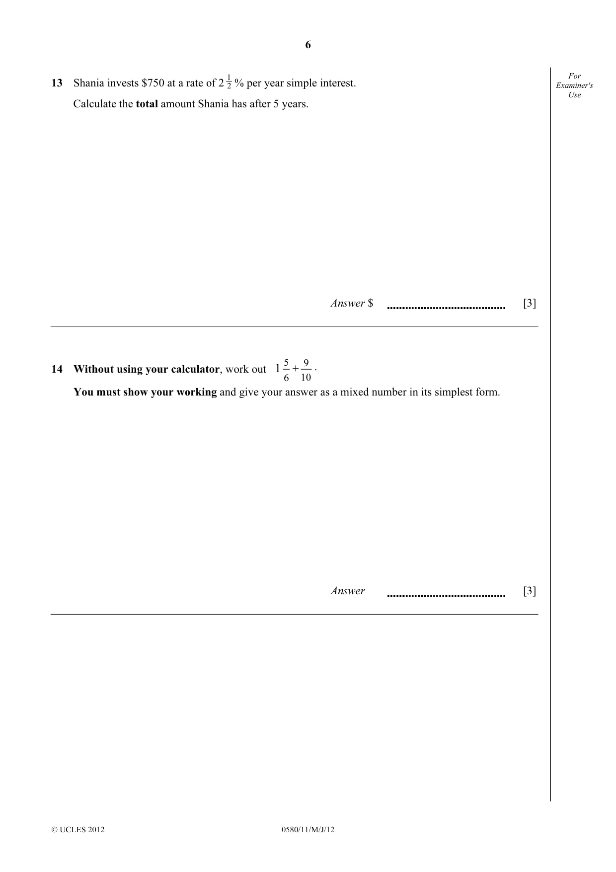 Cambridge IGCSE Mathematics 0580 2012 May/June Paper 1 · Variant 1 question paper, page 6 of 12