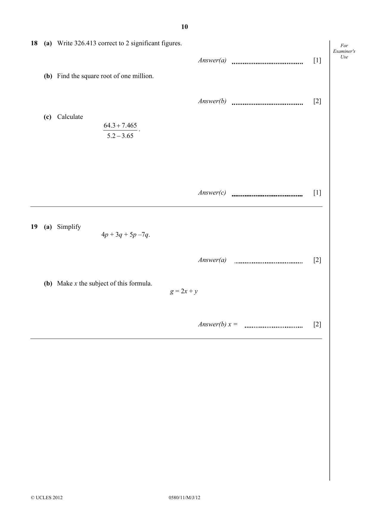 Cambridge IGCSE Mathematics 0580 2012 May/June Paper 1 · Variant 1 question paper, page 10 of 12