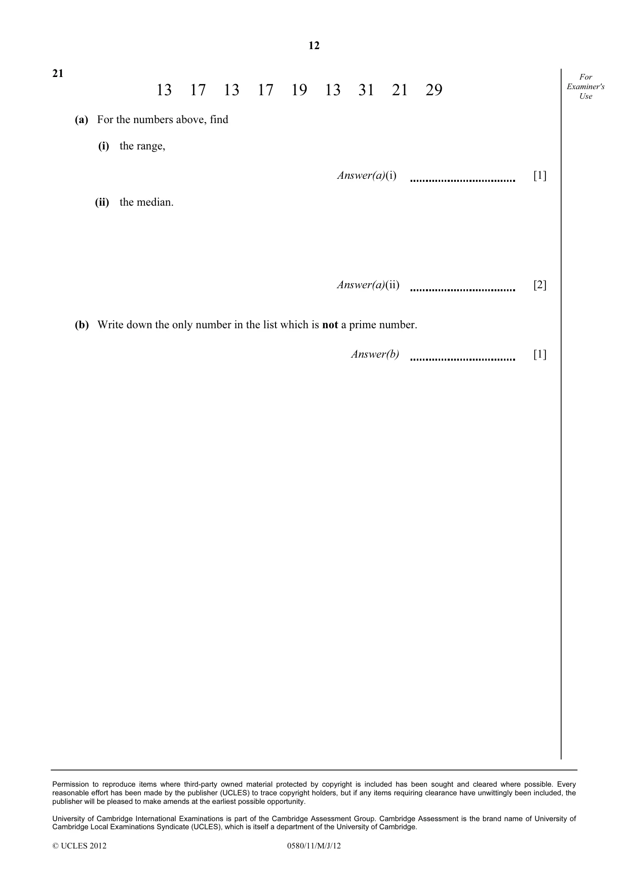 Cambridge IGCSE Mathematics 0580 2012 May/June Paper 1 · Variant 1 question paper, page 12 of 12