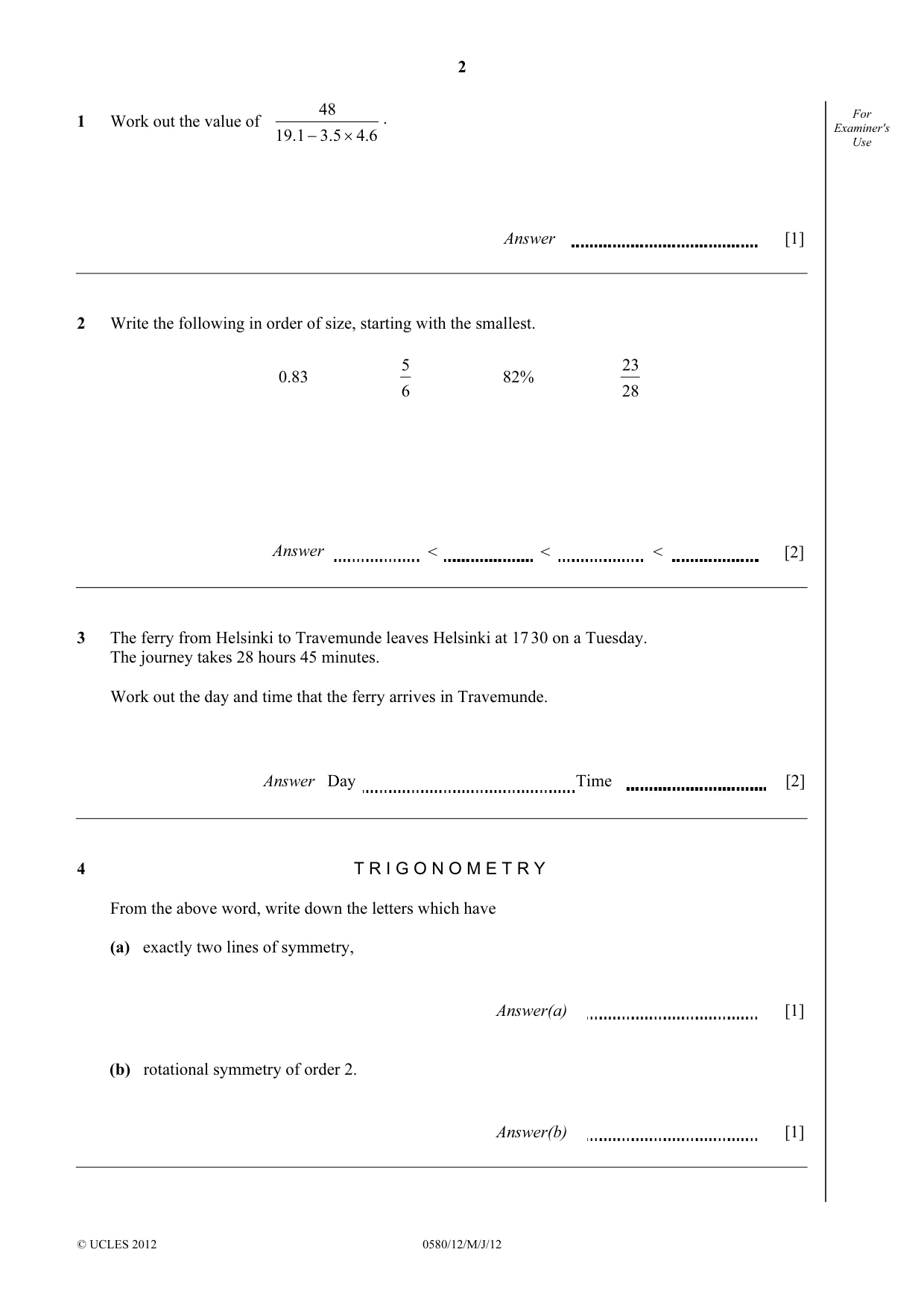 Cambridge IGCSE Mathematics 0580 2012 May/June Paper 1 · Variant 2 question paper, page 2 of 12