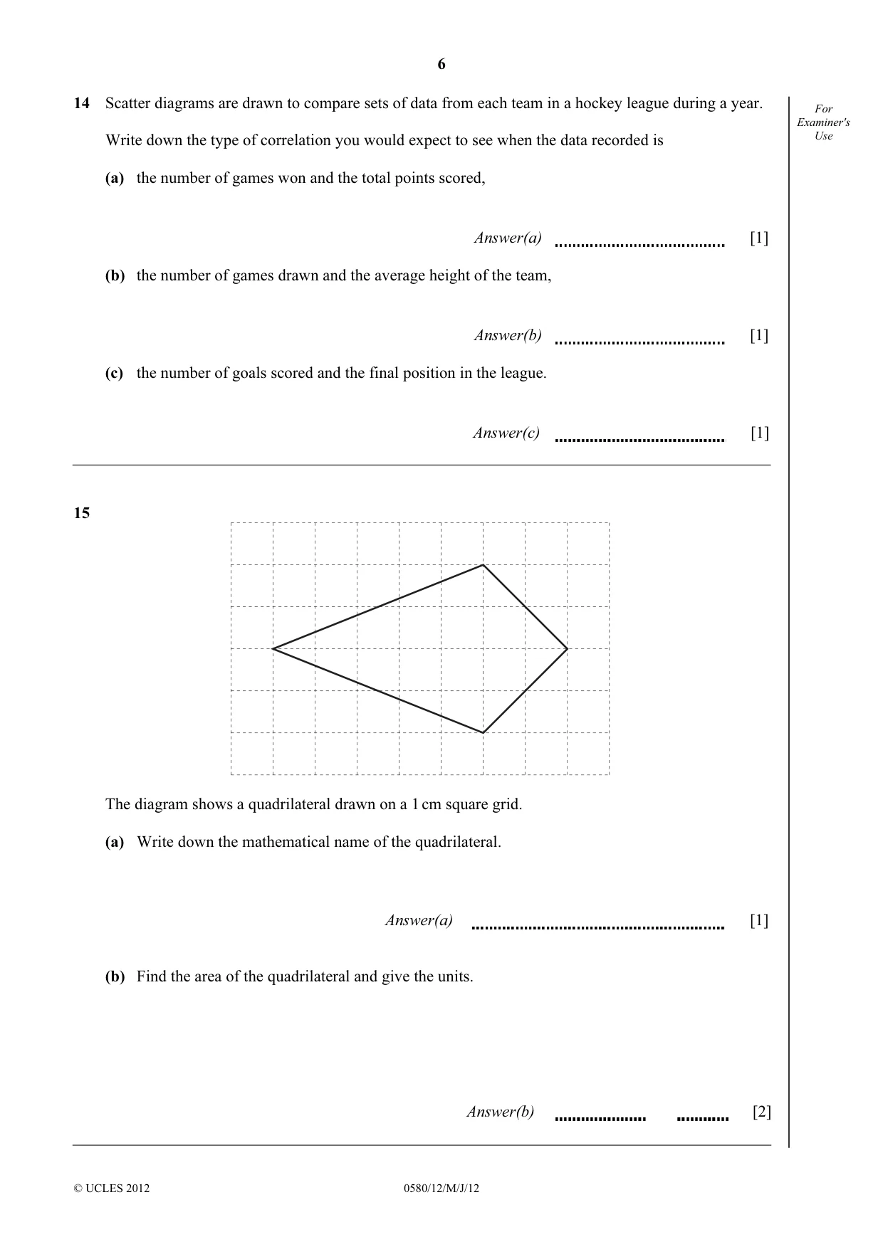 Cambridge IGCSE Mathematics 0580 2012 May/June Paper 1 · Variant 2 question paper, page 6 of 12