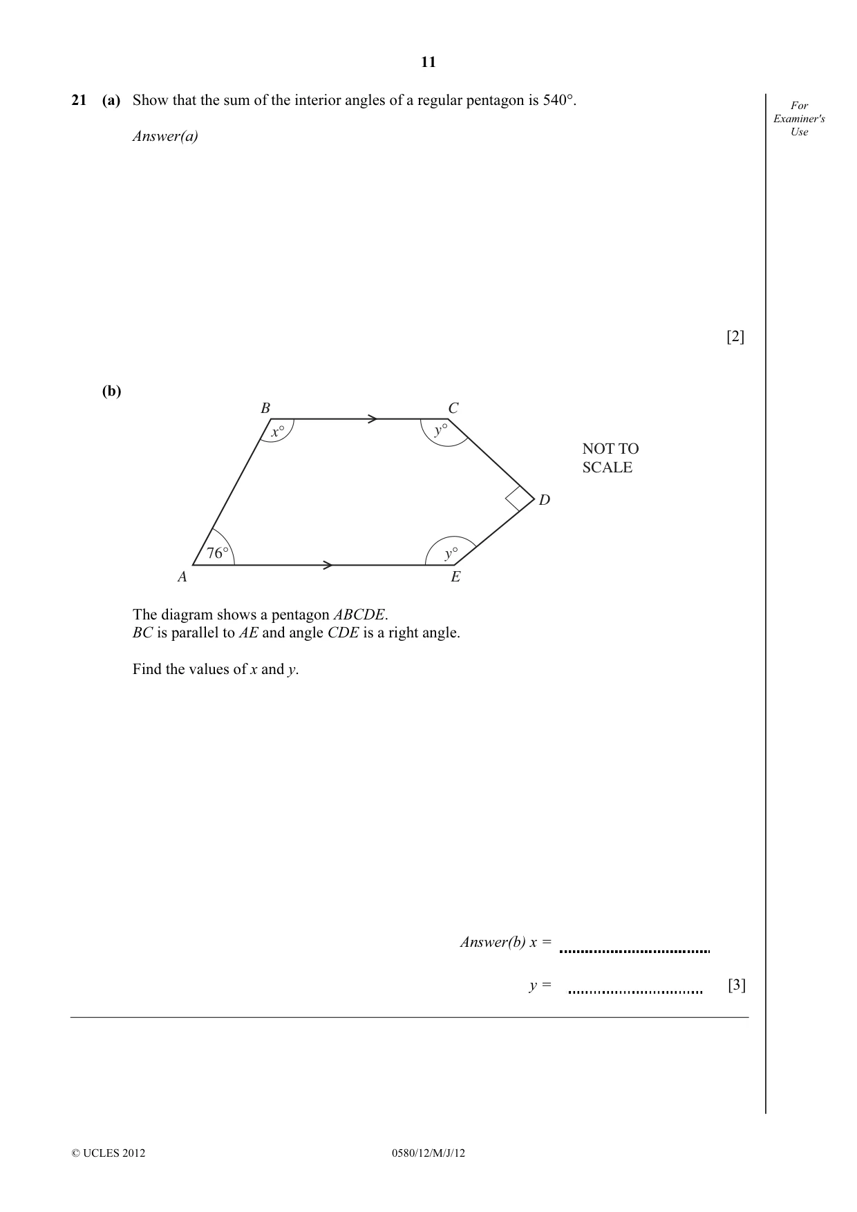 Cambridge IGCSE Mathematics 0580 2012 May/June Paper 1 · Variant 2 question paper, page 11 of 12