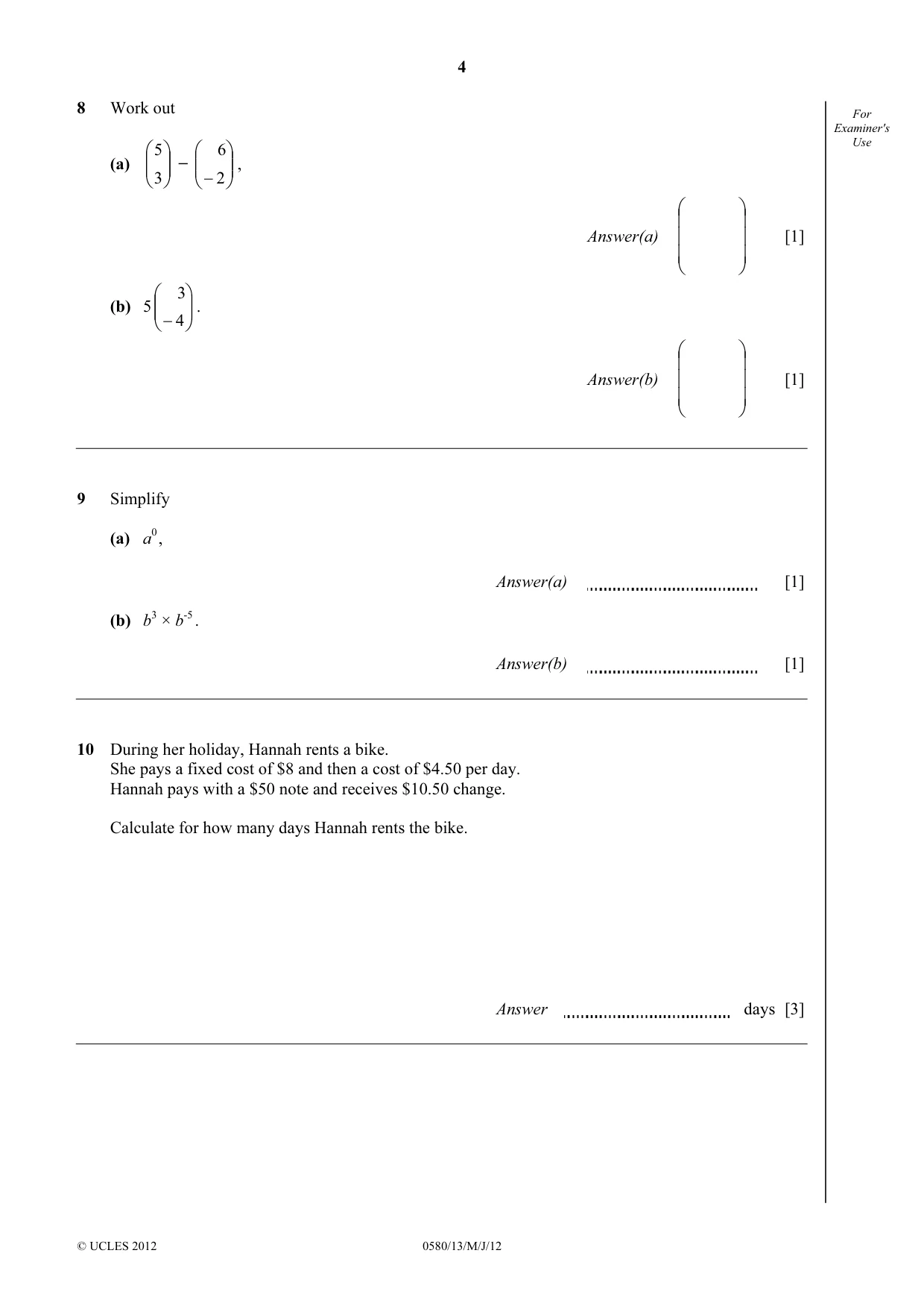 Cambridge IGCSE Mathematics 0580 2012 May/June Paper 1 · Variant 3 question paper, page 4 of 12