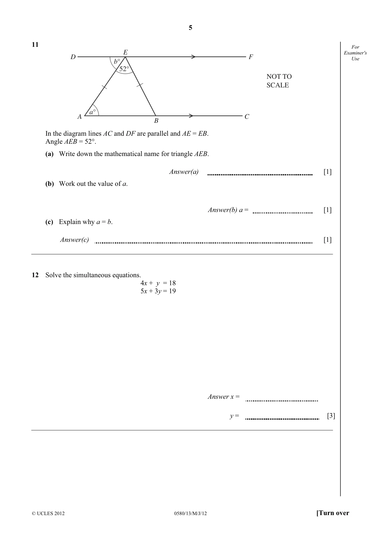 Cambridge IGCSE Mathematics 0580 2012 May/June Paper 1 · Variant 3 question paper, page 5 of 12