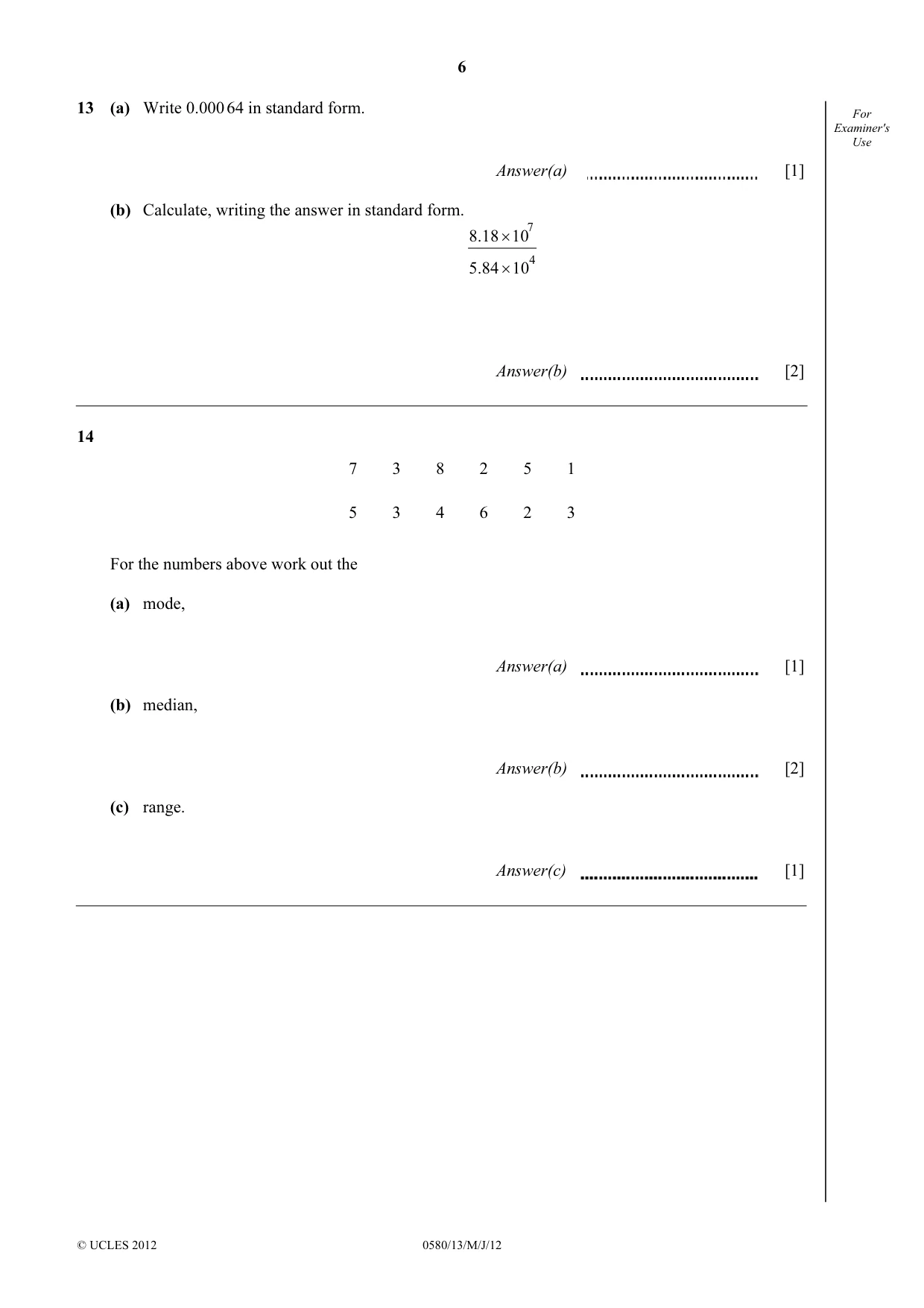 Cambridge IGCSE Mathematics 0580 2012 May/June Paper 1 · Variant 3 question paper, page 6 of 12