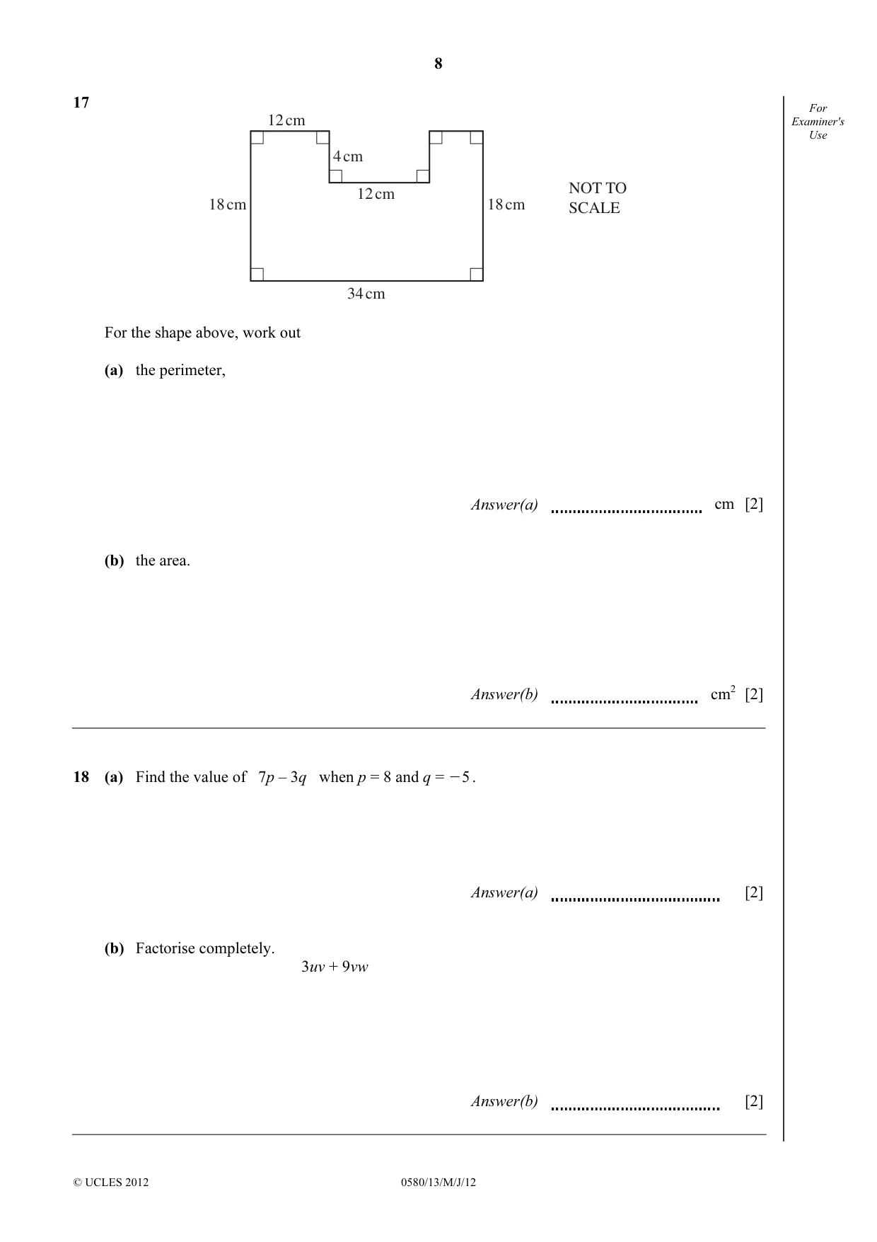 Cambridge IGCSE Mathematics 0580 2012 May/June Paper 1 · Variant 3 question paper, page 8 of 12