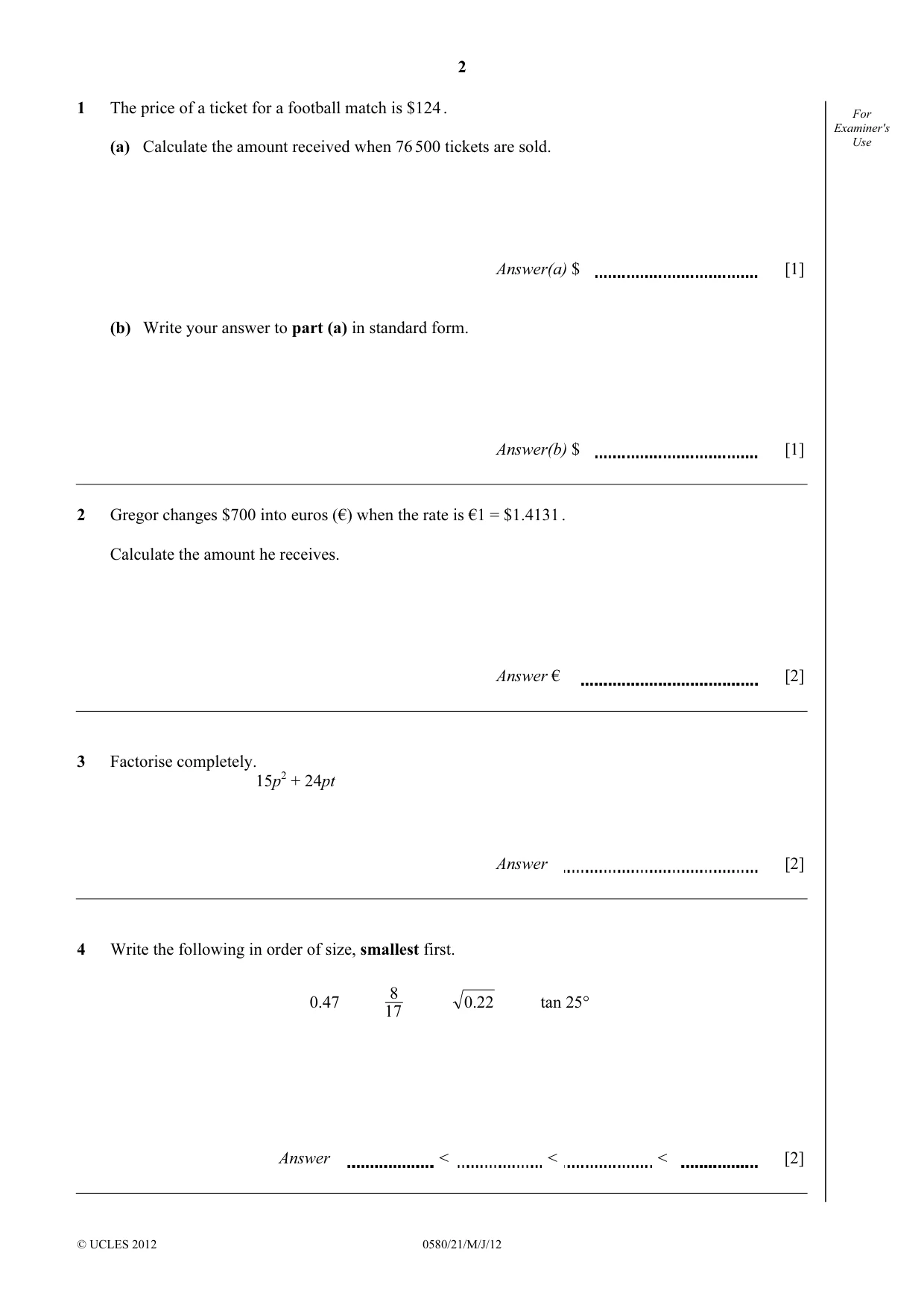 Cambridge IGCSE Mathematics 0580 2012 May/June Paper 2 · Variant 1 question paper, page 2 of 12