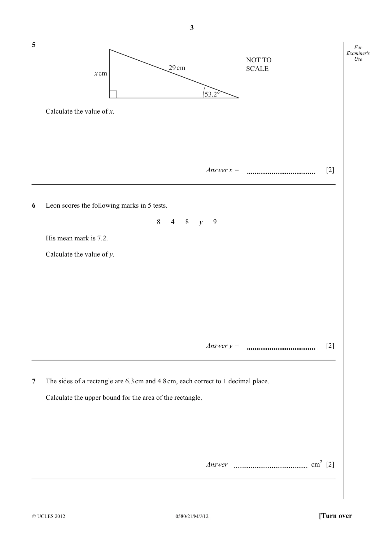 Cambridge IGCSE Mathematics 0580 2012 May/June Paper 2 · Variant 1 question paper, page 3 of 12