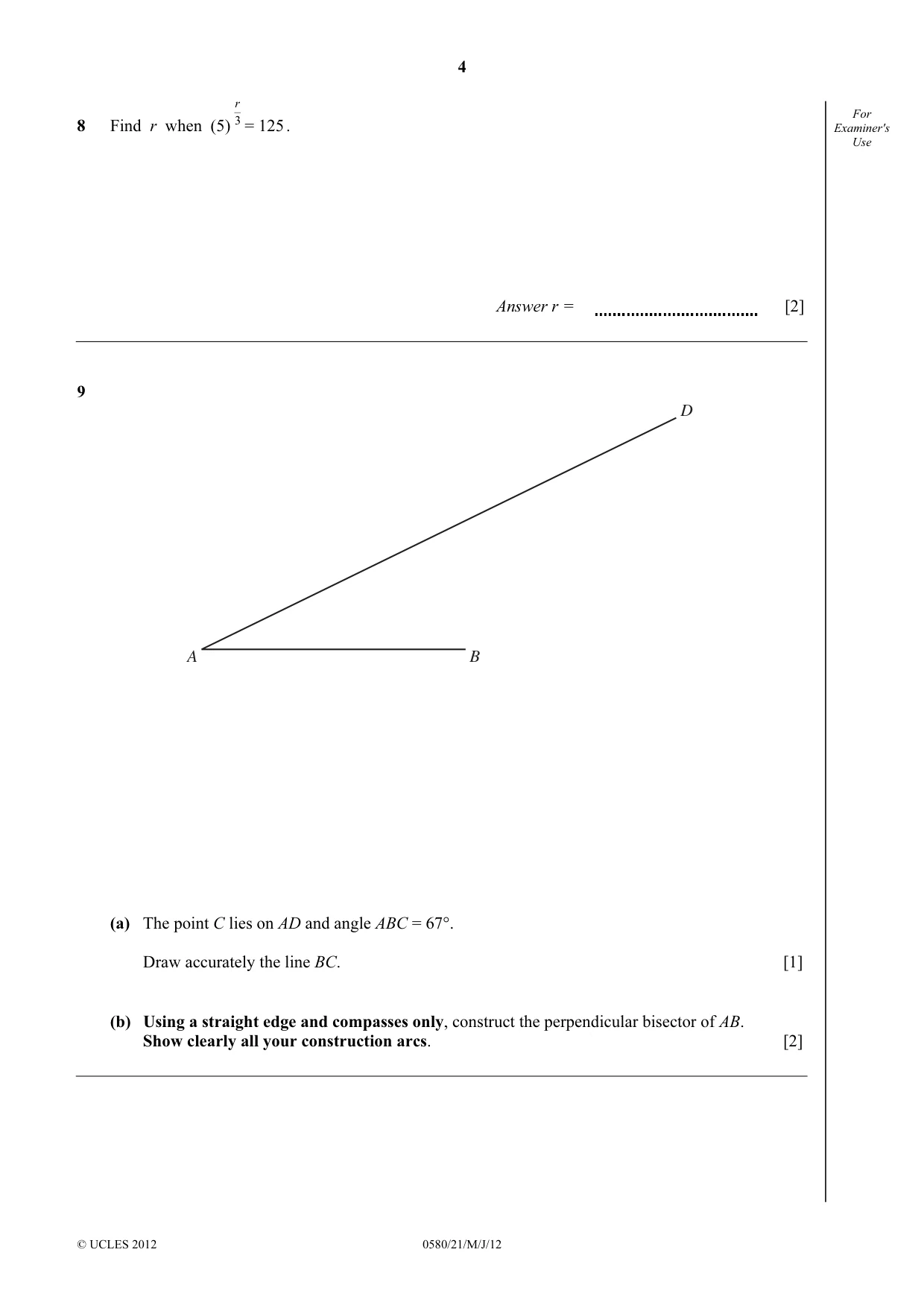 Cambridge IGCSE Mathematics 0580 2012 May/June Paper 2 · Variant 1 question paper, page 4 of 12