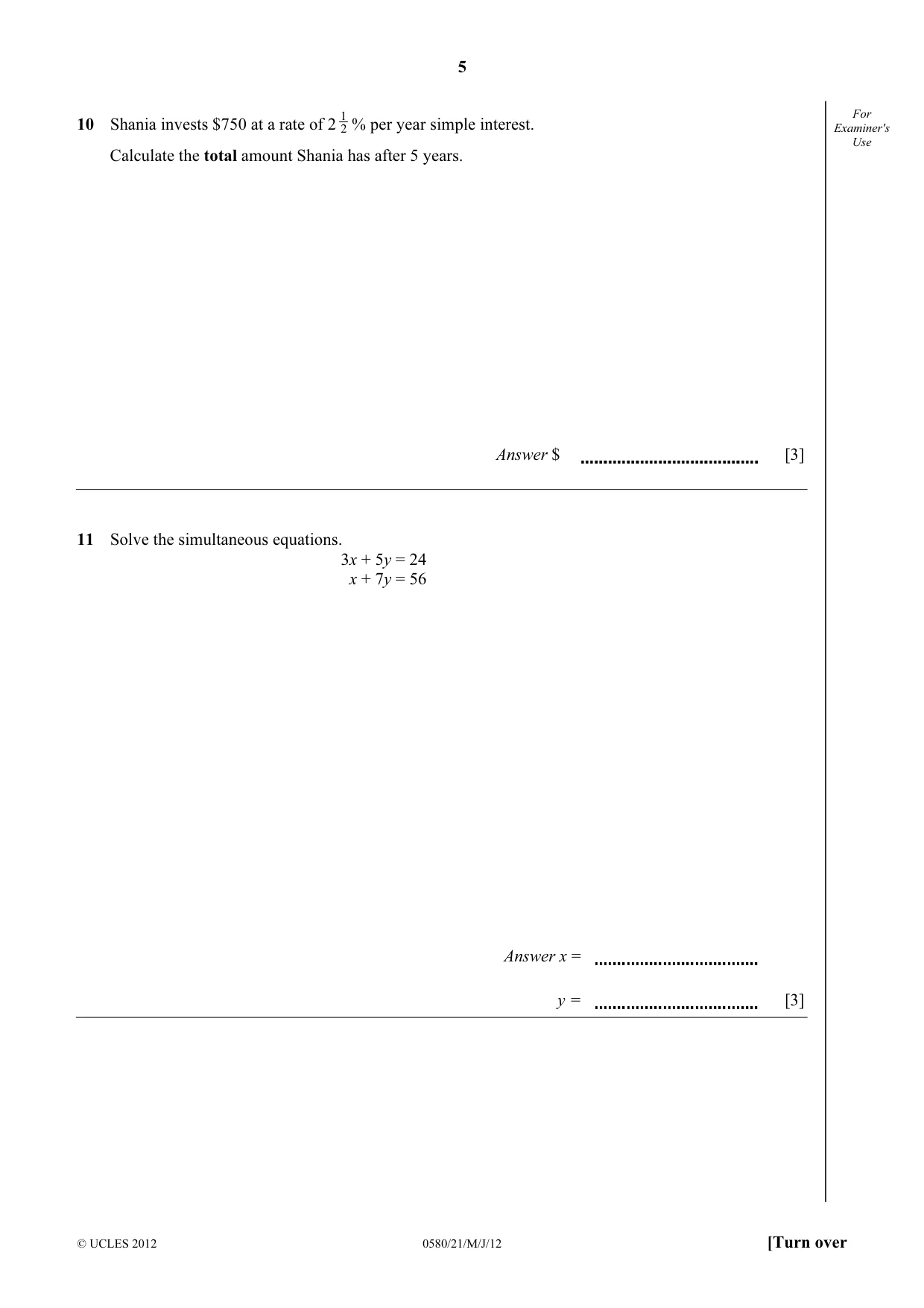 Cambridge IGCSE Mathematics 0580 2012 May/June Paper 2 · Variant 1 question paper, page 5 of 12