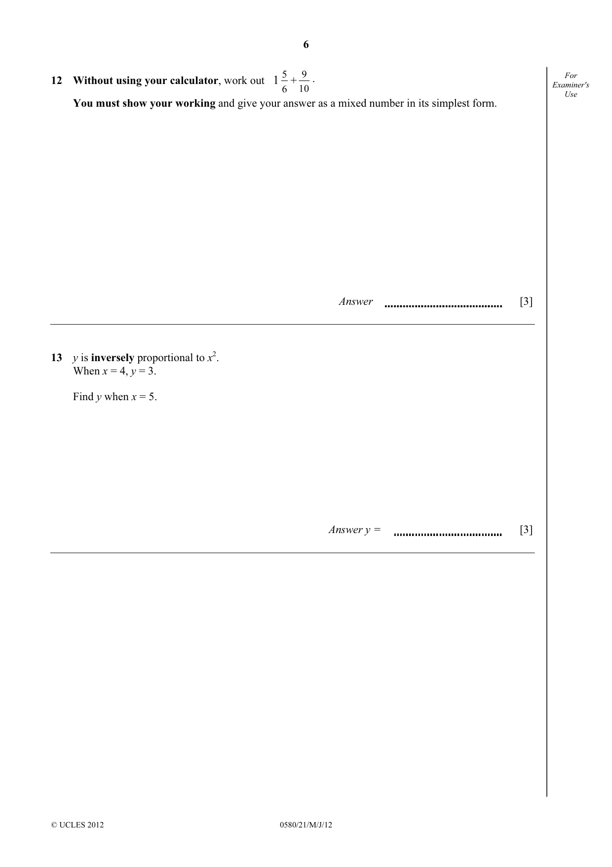Cambridge IGCSE Mathematics 0580 2012 May/June Paper 2 · Variant 1 question paper, page 6 of 12