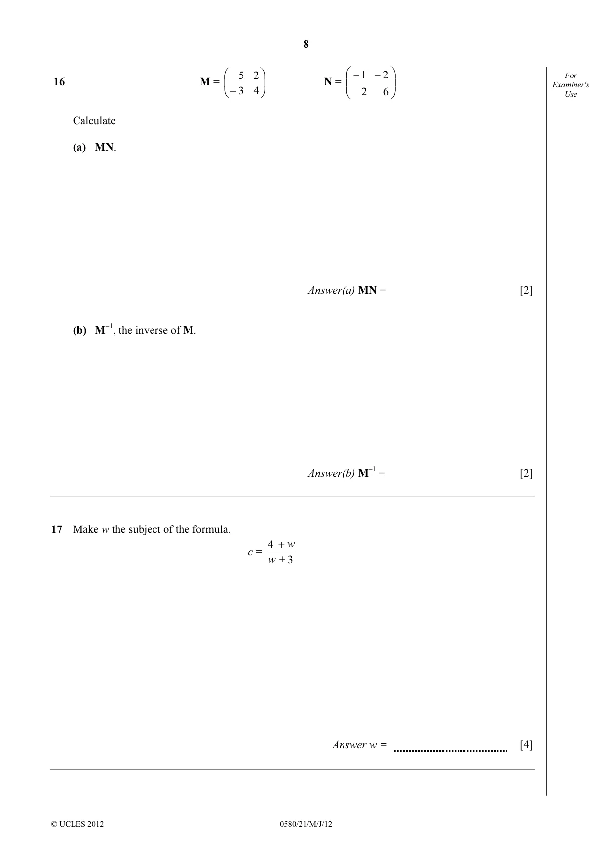 Cambridge IGCSE Mathematics 0580 2012 May/June Paper 2 · Variant 1 question paper, page 8 of 12