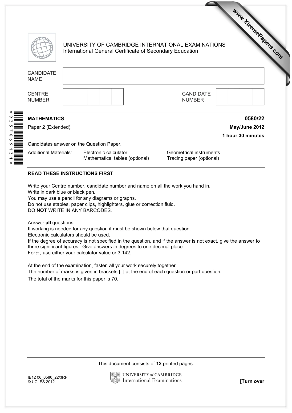 Cambridge IGCSE Mathematics 0580 2012 May/June Paper 2 · Variant 2 question paper, page 1 of 12