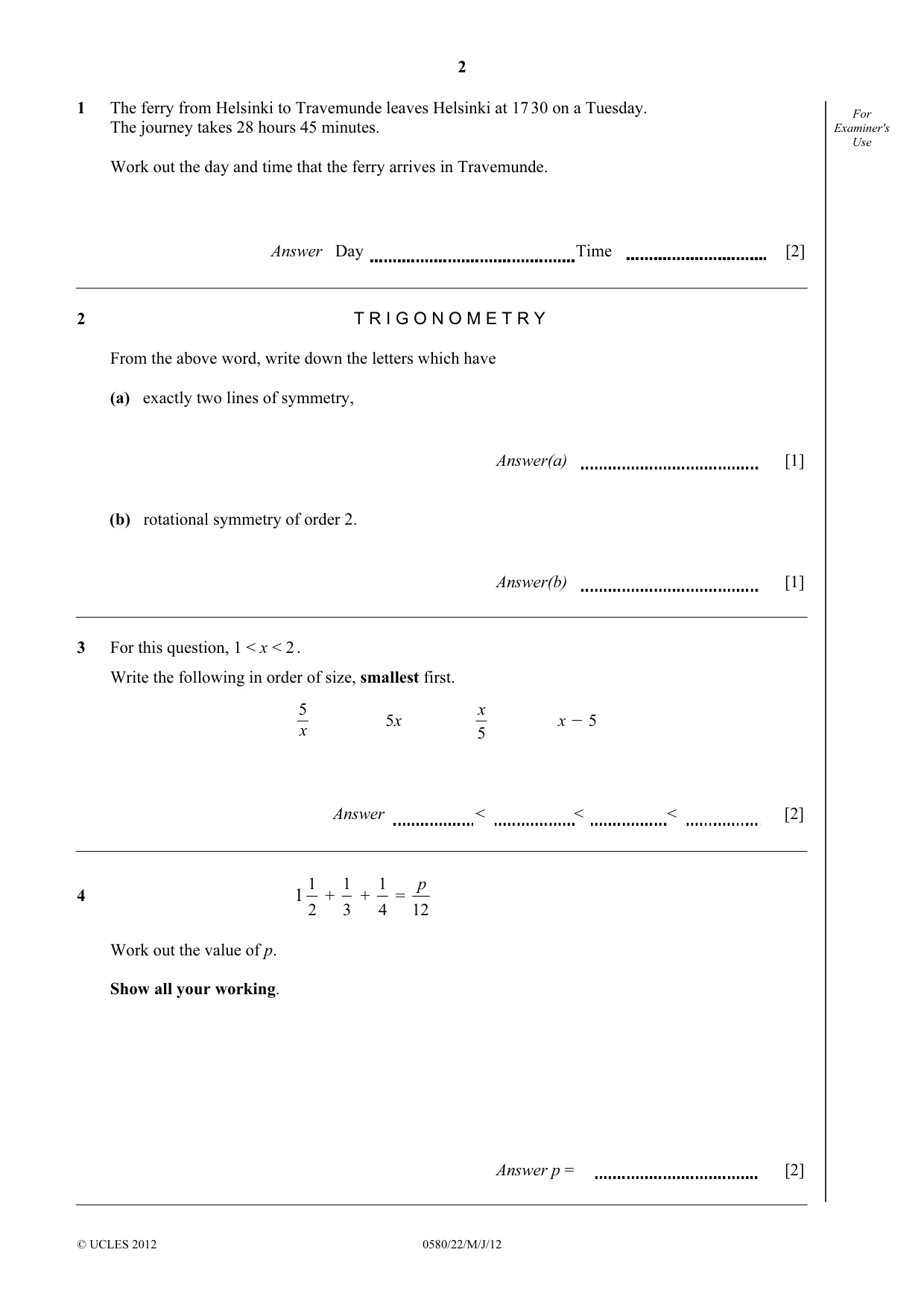 Cambridge IGCSE Mathematics 0580 2012 May/June Paper 2 · Variant 2 question paper, page 2 of 12