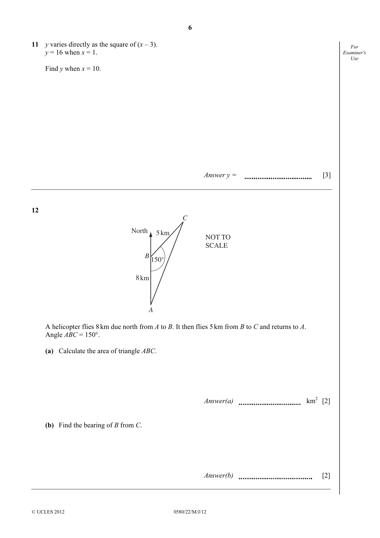 Cambridge IGCSE Mathematics 0580 2012 May/June Paper 2 · Variant 2 question paper, page 6 of 12
