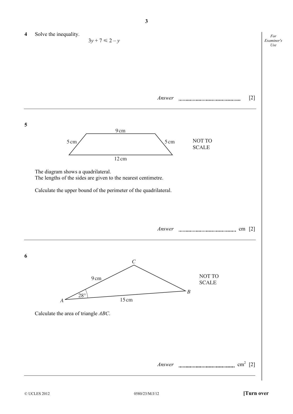 Cambridge IGCSE Mathematics 0580 2012 May/June Paper 2 · Variant 3 question paper, page 3 of 12