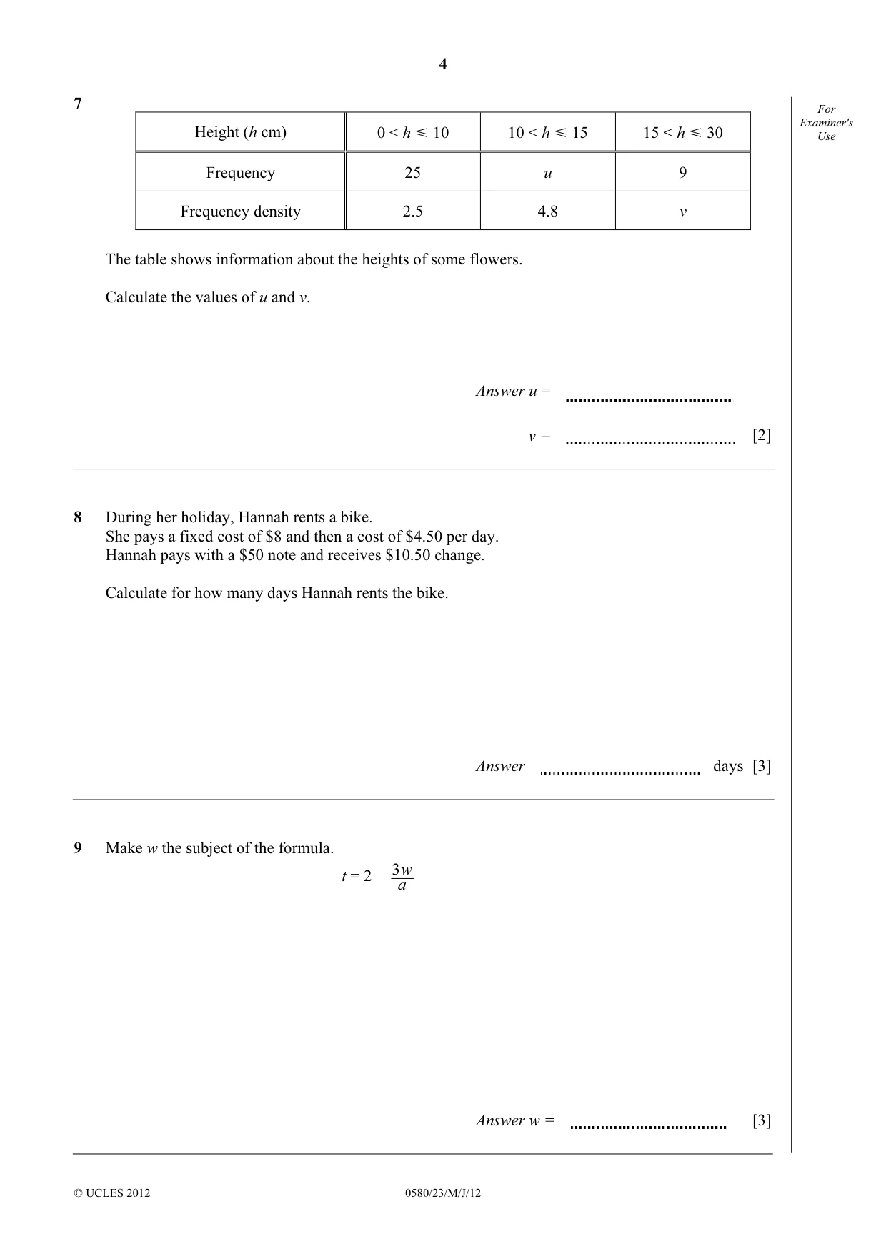 Cambridge IGCSE Mathematics 0580 2012 May/June Paper 2 · Variant 3 question paper, page 4 of 12