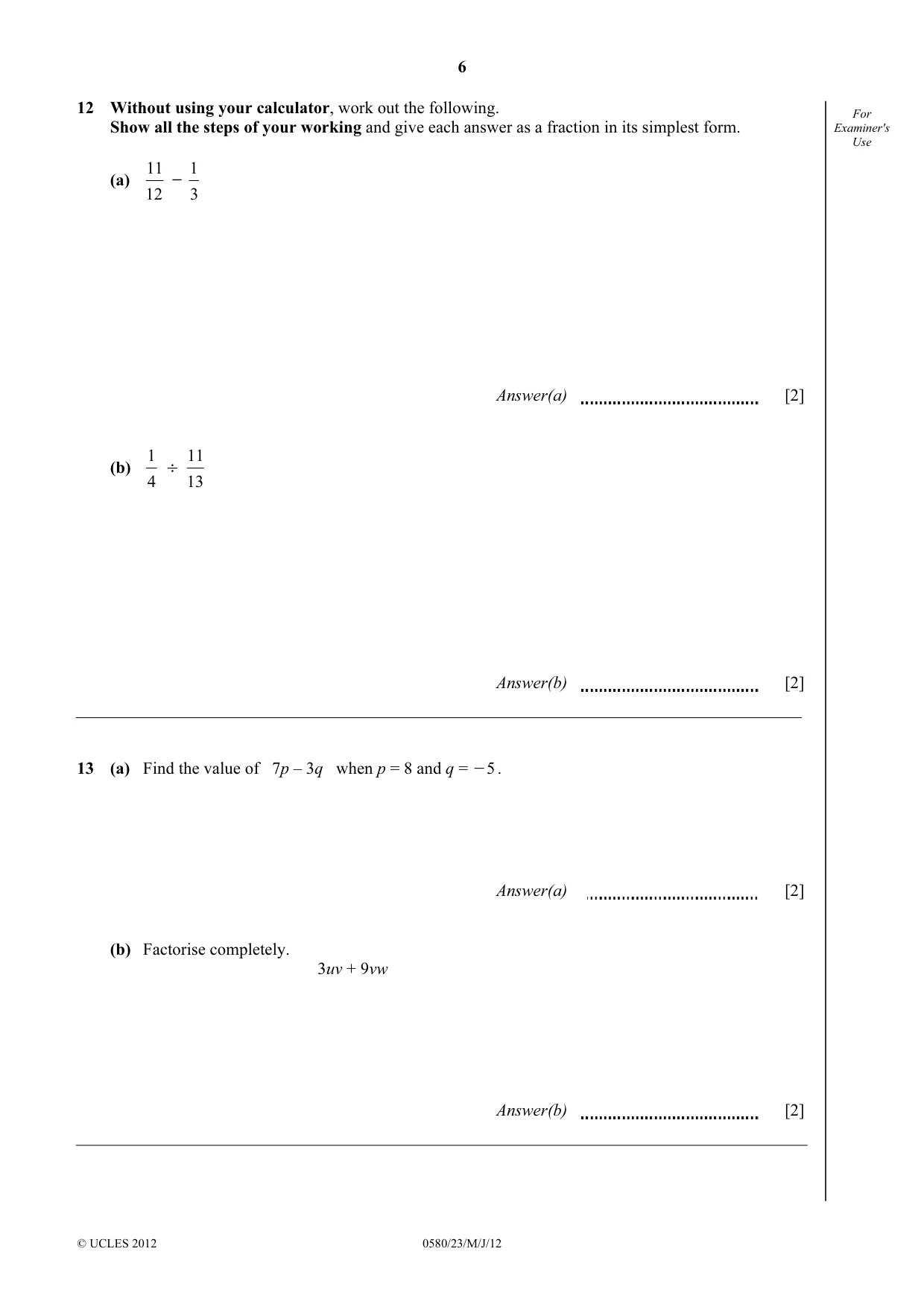Cambridge IGCSE Mathematics 0580 2012 May/June Paper 2 · Variant 3 question paper, page 6 of 12