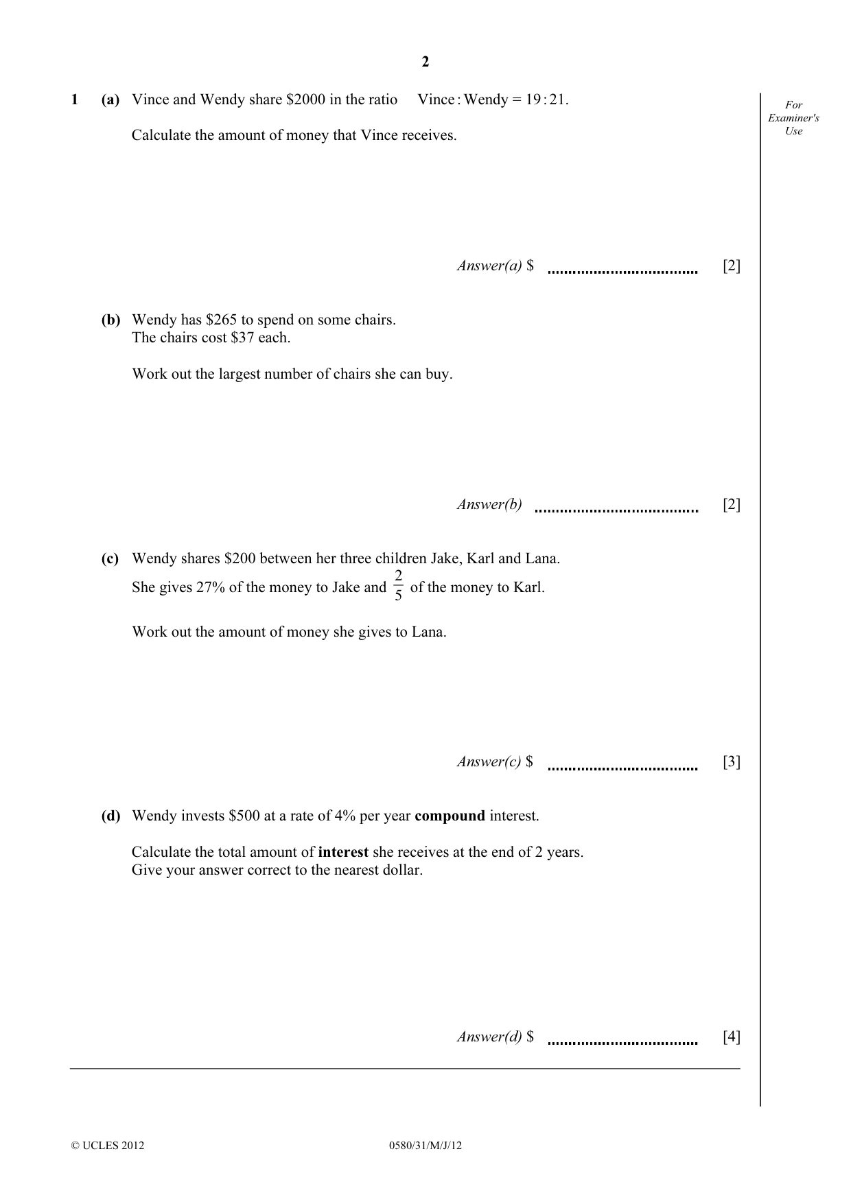 Cambridge IGCSE Mathematics 0580 2012 May/June Paper 3 · Variant 1 question paper, page 2 of 16