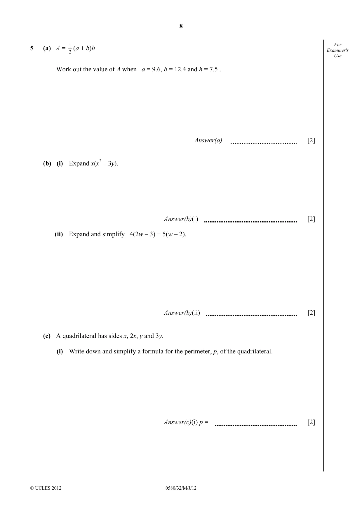 Cambridge IGCSE Mathematics 0580 2012 May/June Paper 3 · Variant 2 question paper, page 8 of 16