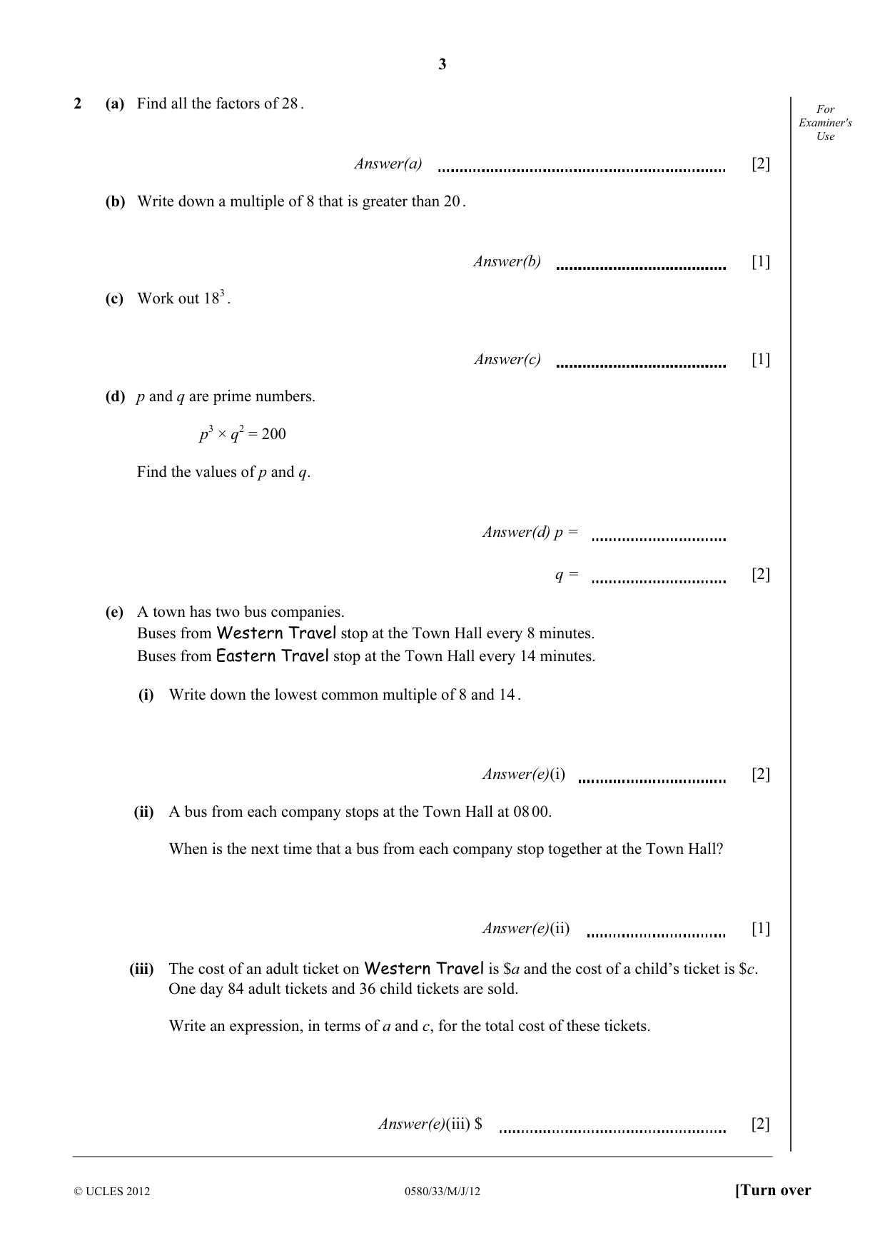 Cambridge IGCSE Mathematics 0580 2012 May/June Paper 3 · Variant 3 question paper, page 3 of 16
