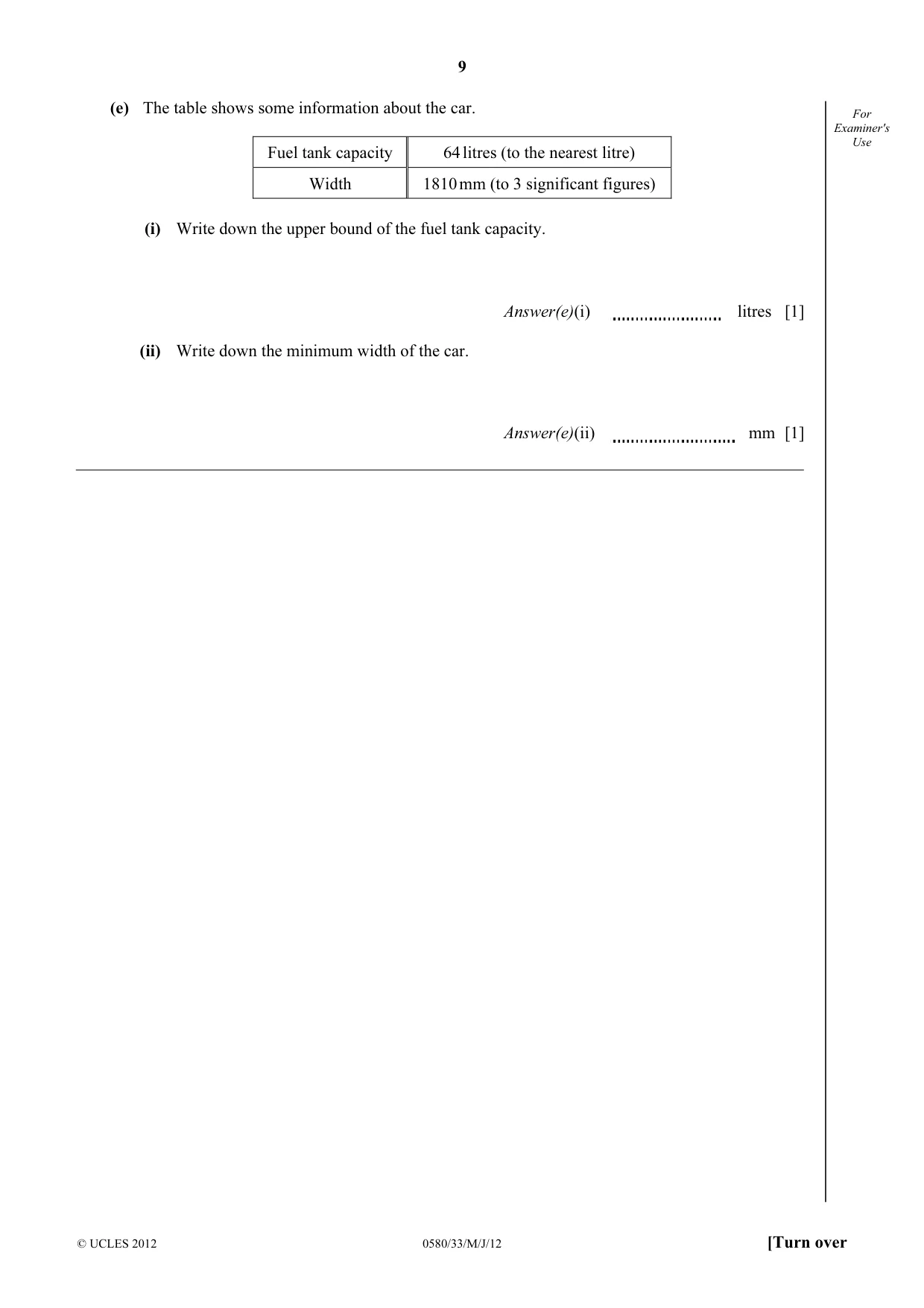 Cambridge IGCSE Mathematics 0580 2012 May/June Paper 3 · Variant 3 question paper, page 9 of 16