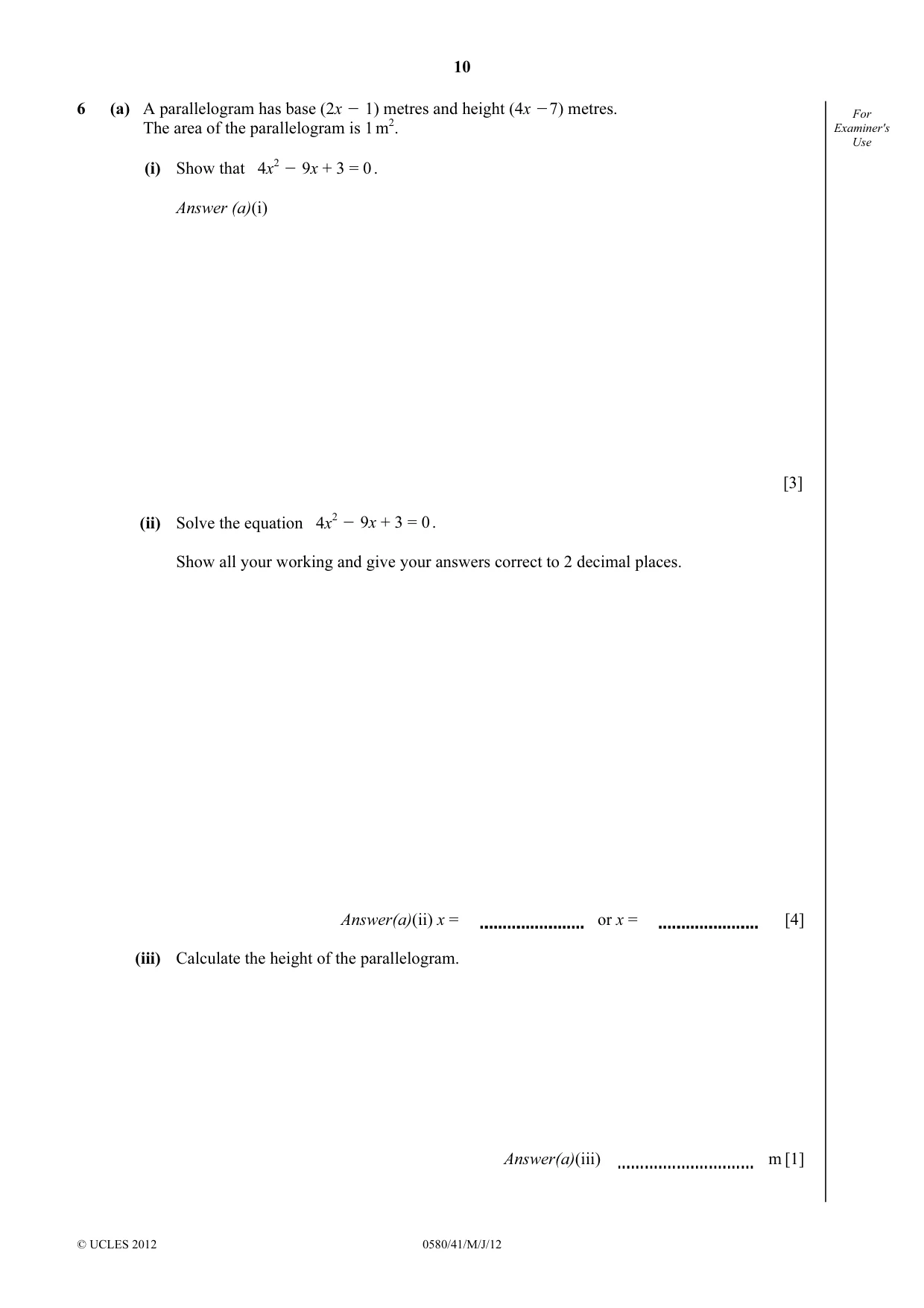 Cambridge IGCSE Mathematics 0580 2012 May/June Paper 4 · Variant 1 question paper, page 10 of 16
