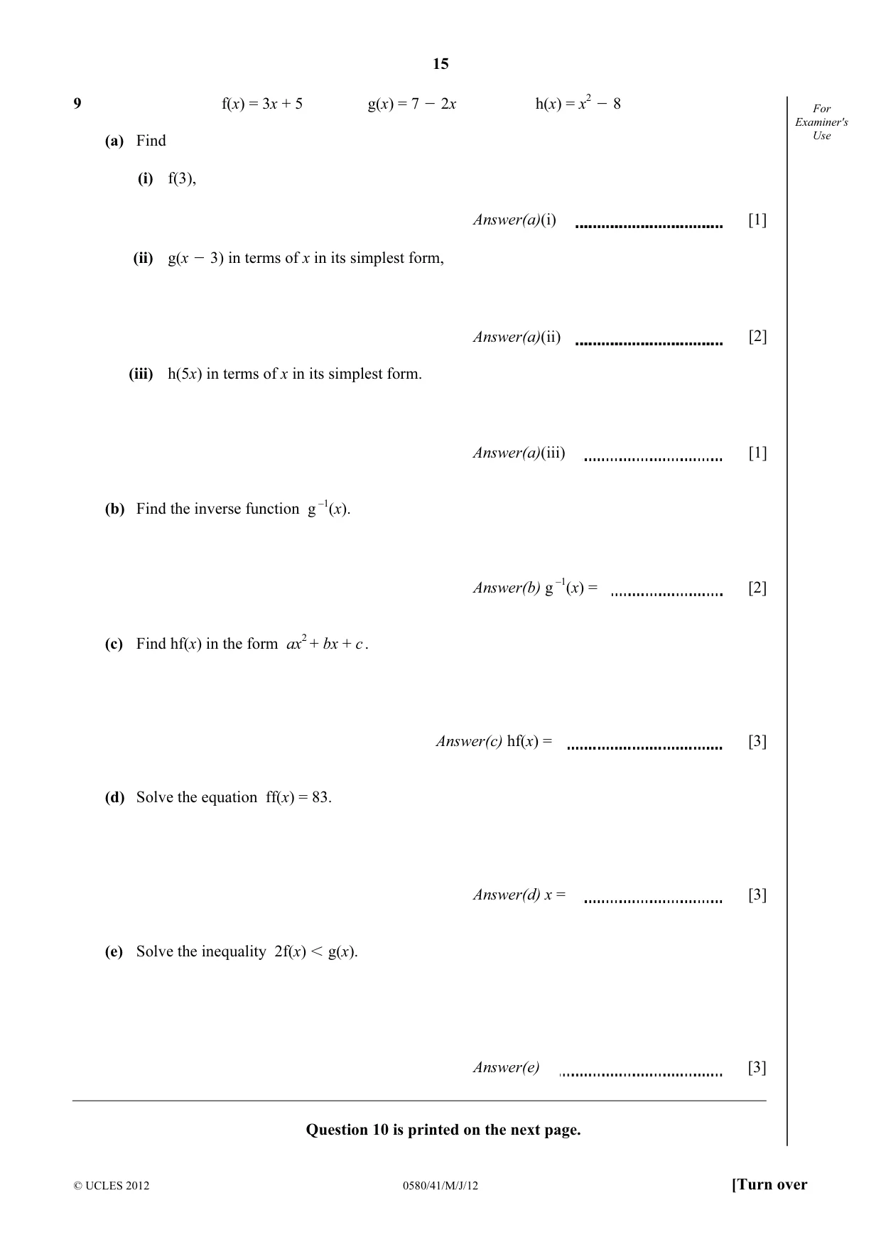 Cambridge IGCSE Mathematics 0580 2012 May/June Paper 4 · Variant 1 question paper, page 15 of 16