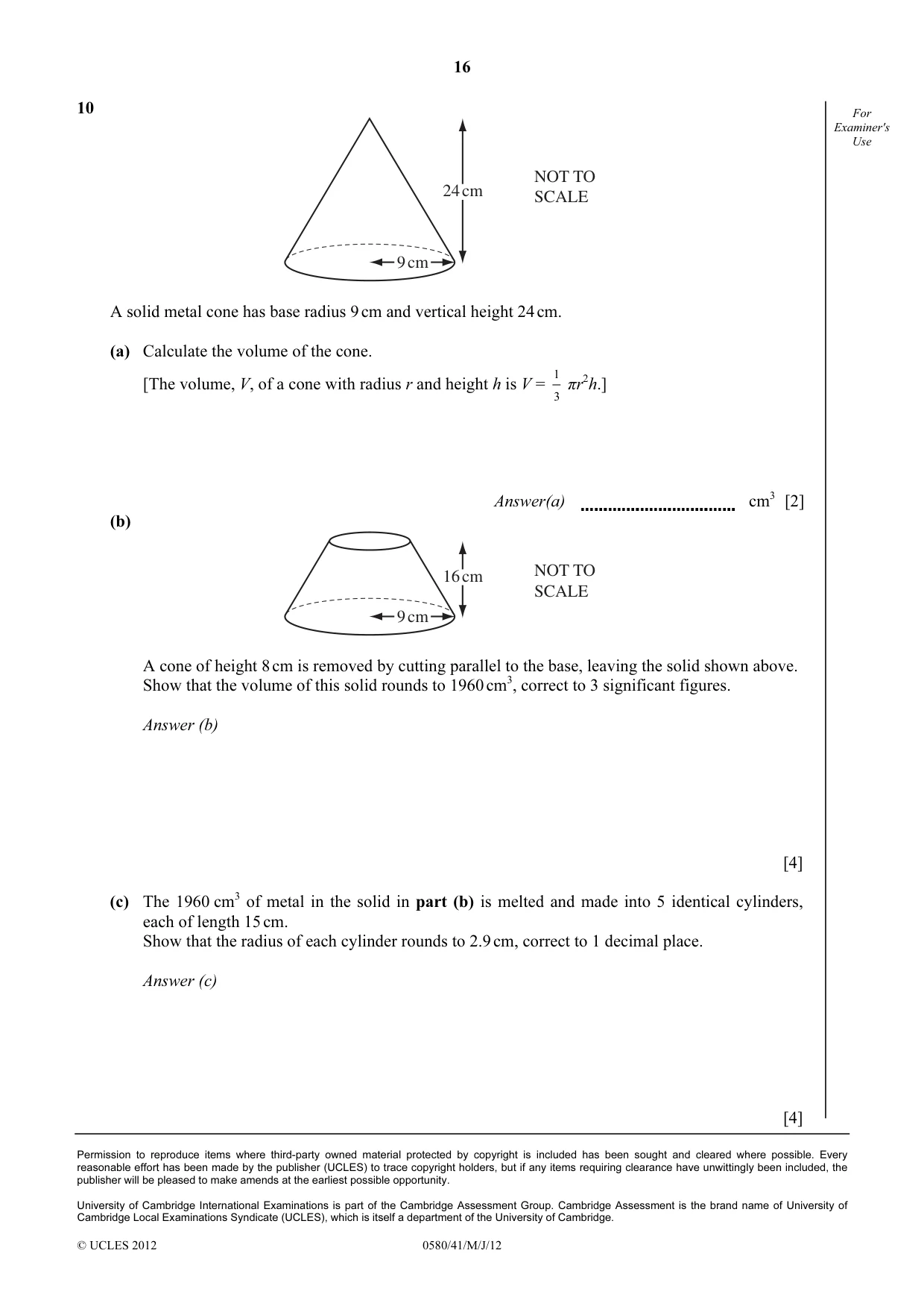 Cambridge IGCSE Mathematics 0580 2012 May/June Paper 4 · Variant 1 question paper, page 16 of 16