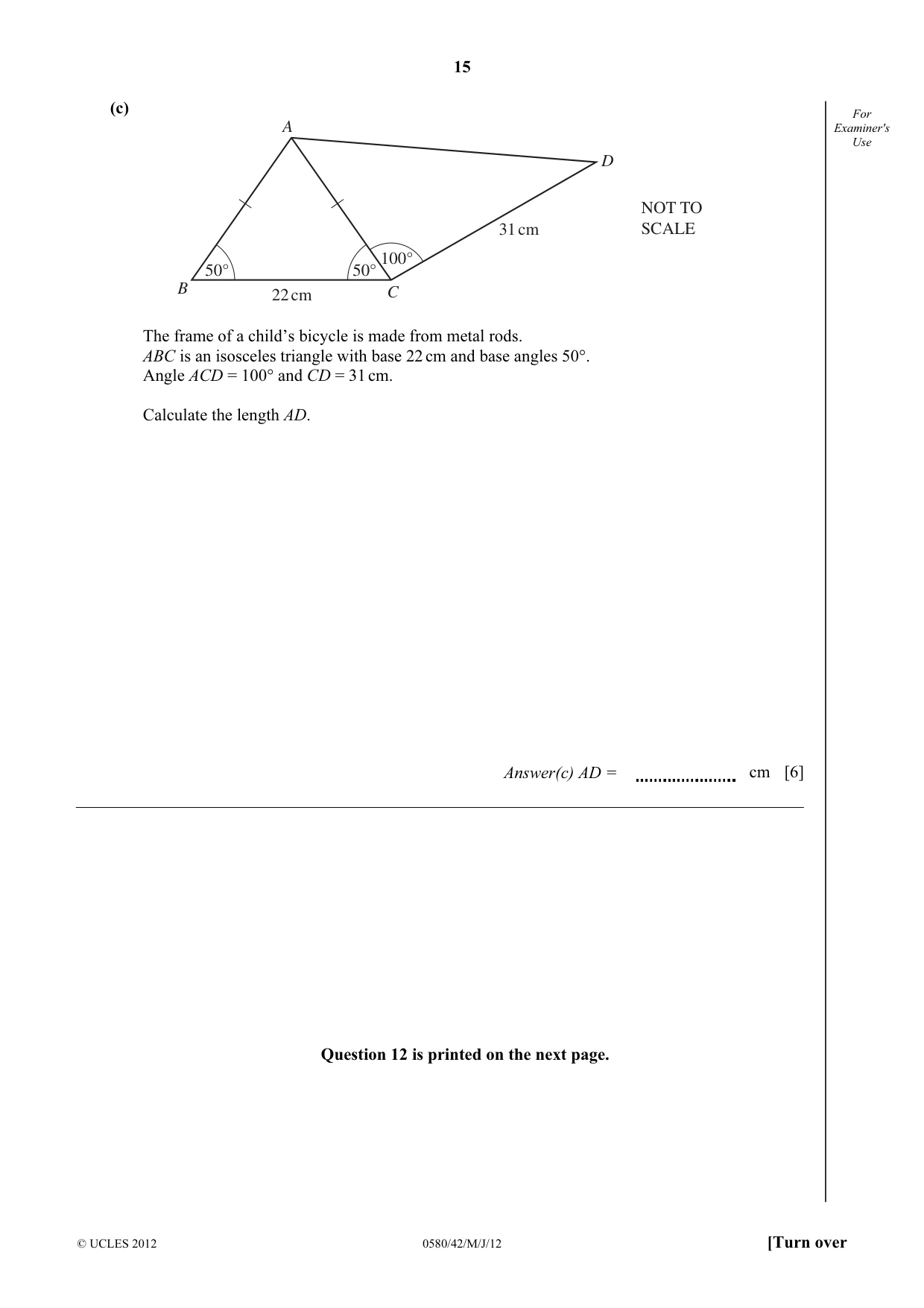 Cambridge IGCSE Mathematics 0580 2012 May/June Paper 4 · Variant 2 question paper, page 15 of 16