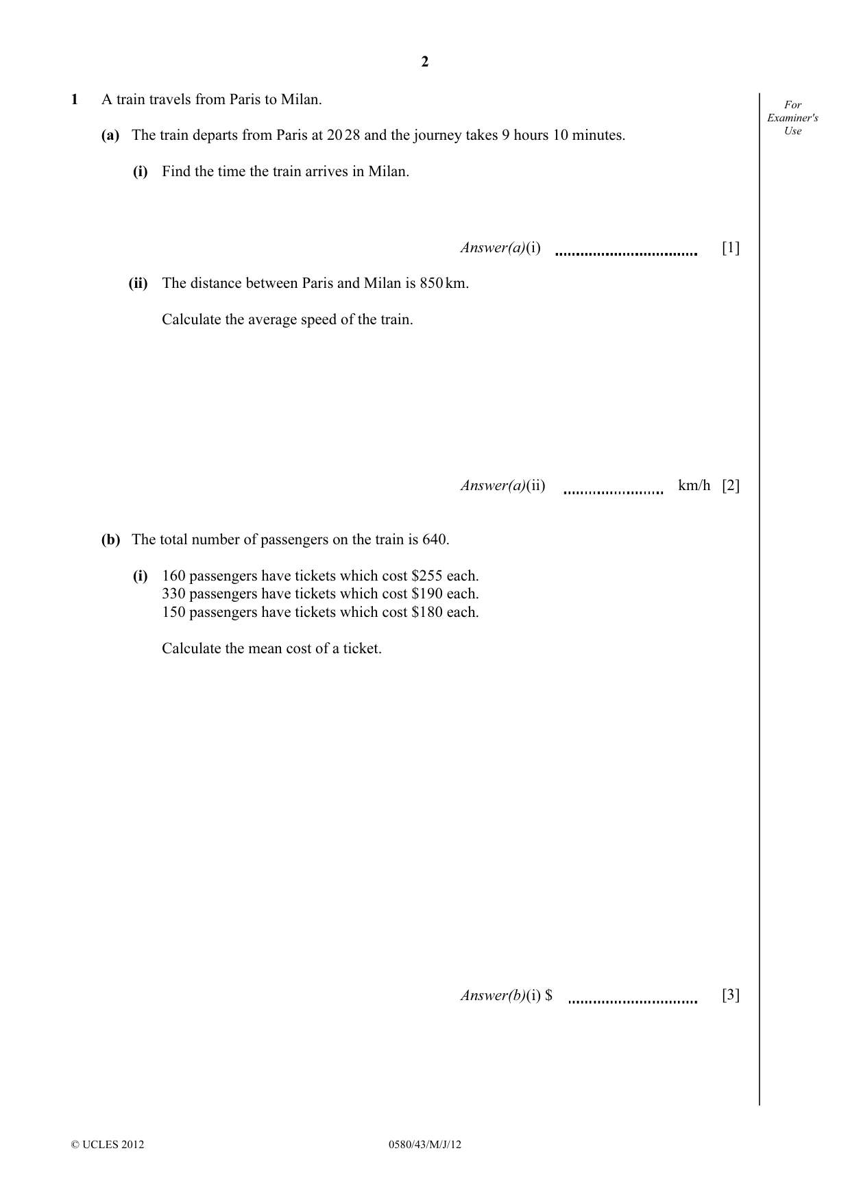 Cambridge IGCSE Mathematics 0580 2012 May/June Paper 4 · Variant 3 question paper, page 2 of 20
