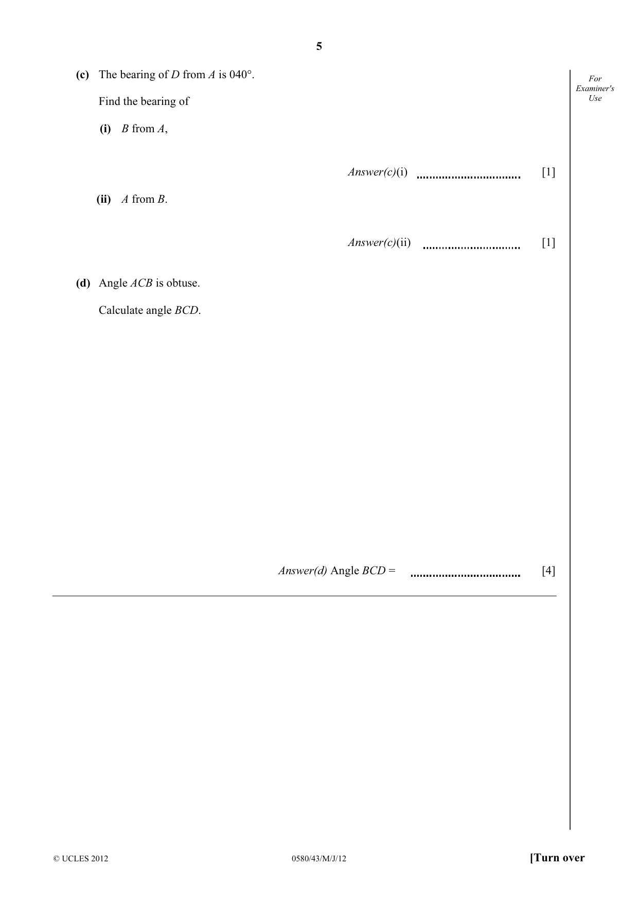 Cambridge IGCSE Mathematics 0580 2012 May/June Paper 4 · Variant 3 question paper, page 5 of 20