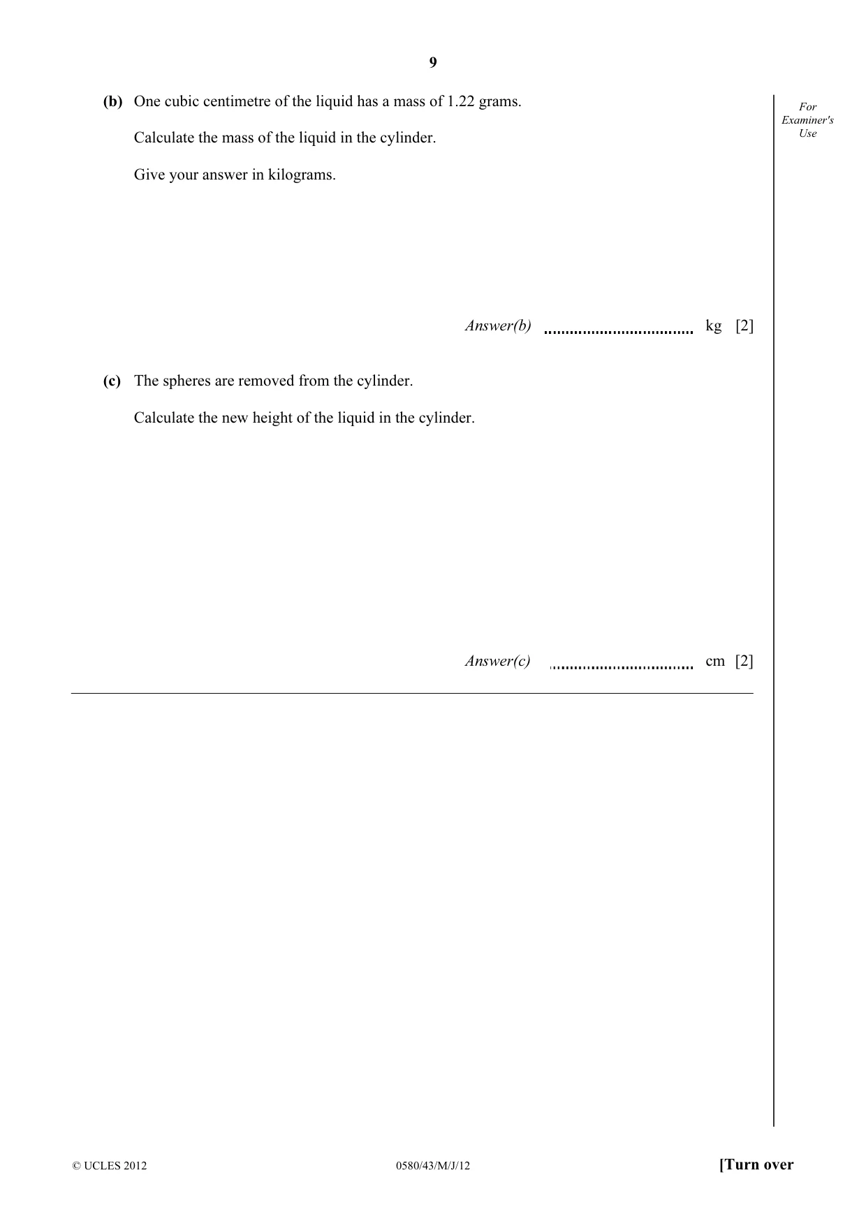 Cambridge IGCSE Mathematics 0580 2012 May/June Paper 4 · Variant 3 question paper, page 9 of 20