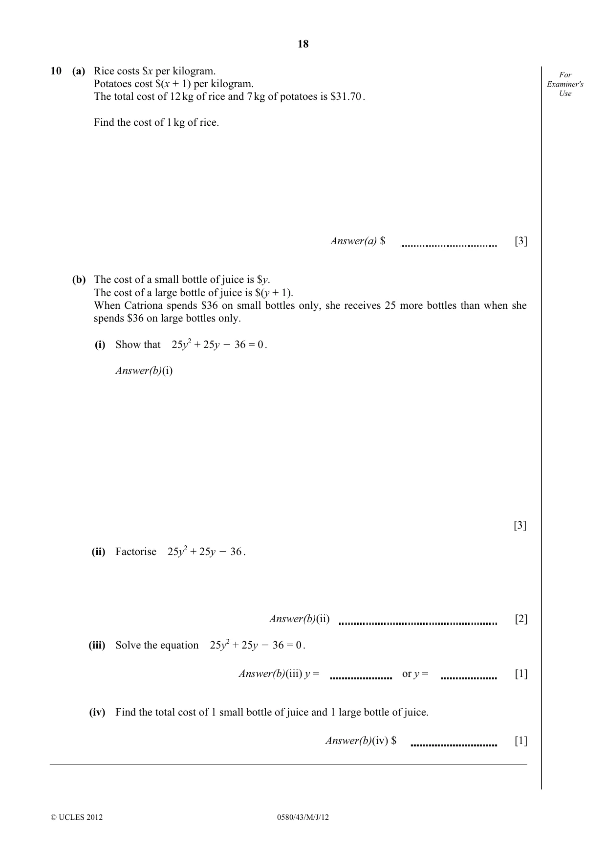 Cambridge IGCSE Mathematics 0580 2012 May/June Paper 4 · Variant 3 question paper, page 18 of 20