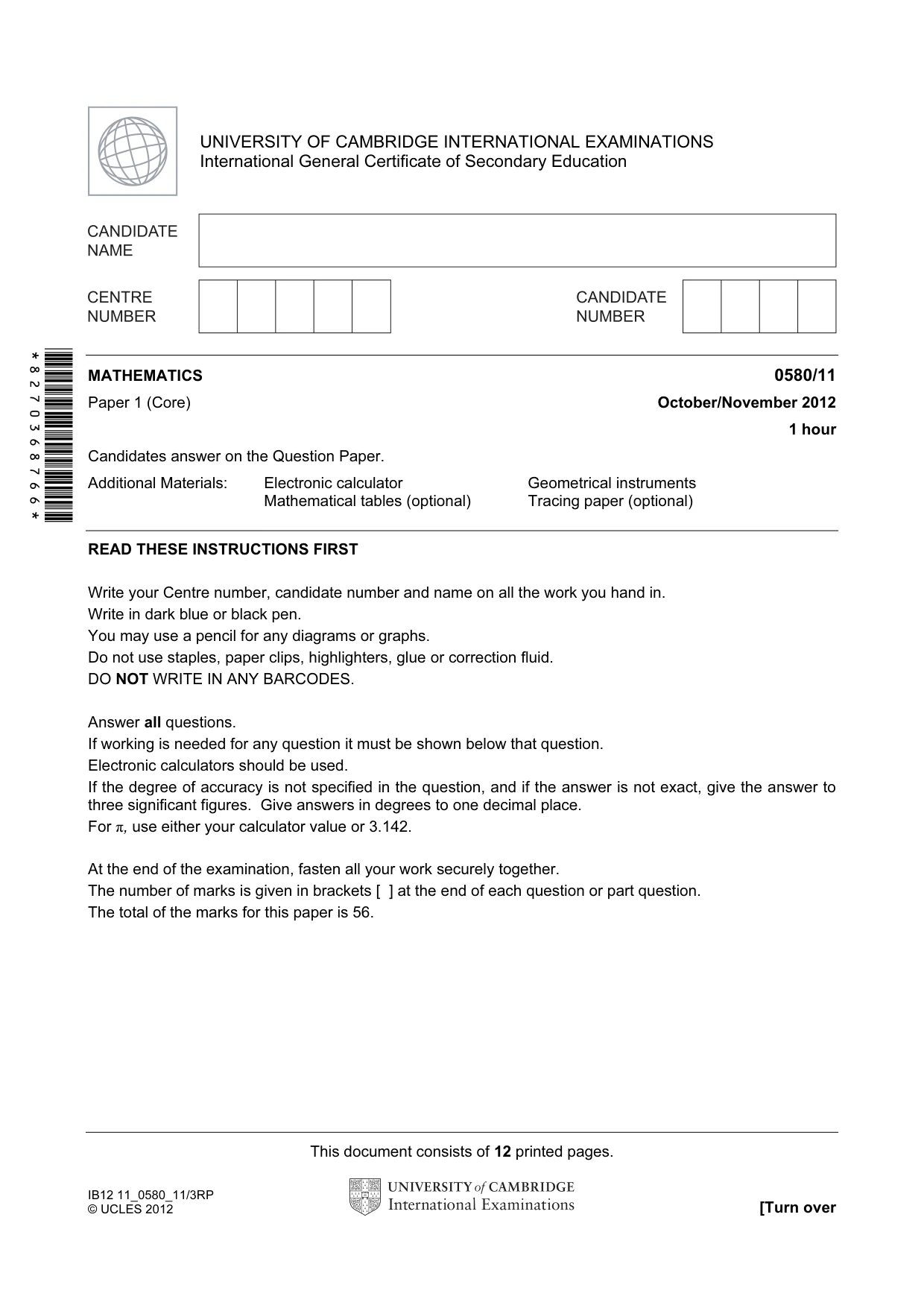 Cambridge IGCSE Mathematics 0580 2012 Oct/Nov Paper 1 · Variant 1 question paper, page 1 of 12