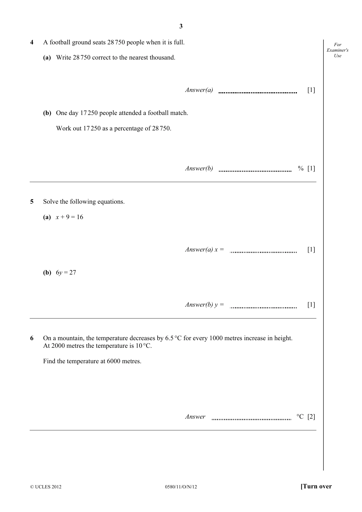 Cambridge IGCSE Mathematics 0580 2012 Oct/Nov Paper 1 · Variant 1 question paper, page 3 of 12
