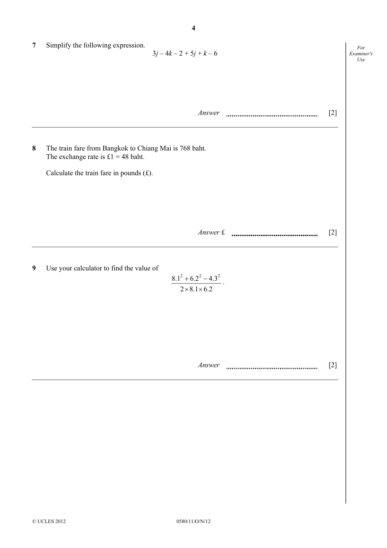 Cambridge IGCSE Mathematics 0580 2012 Oct/Nov Paper 1 · Variant 1 question paper, page 4 of 12