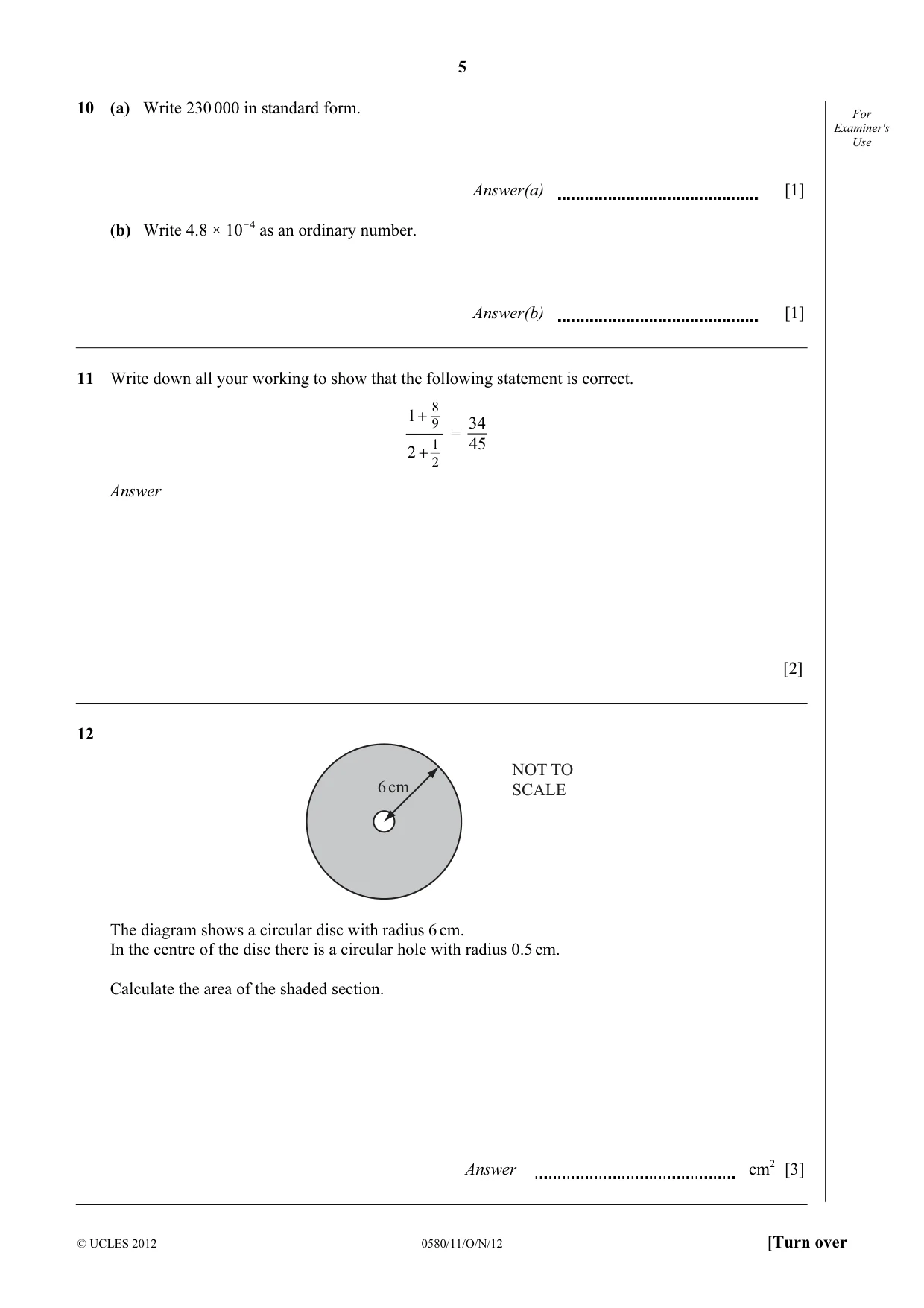 Cambridge IGCSE Mathematics 0580 2012 Oct/Nov Paper 1 · Variant 1 question paper, page 5 of 12
