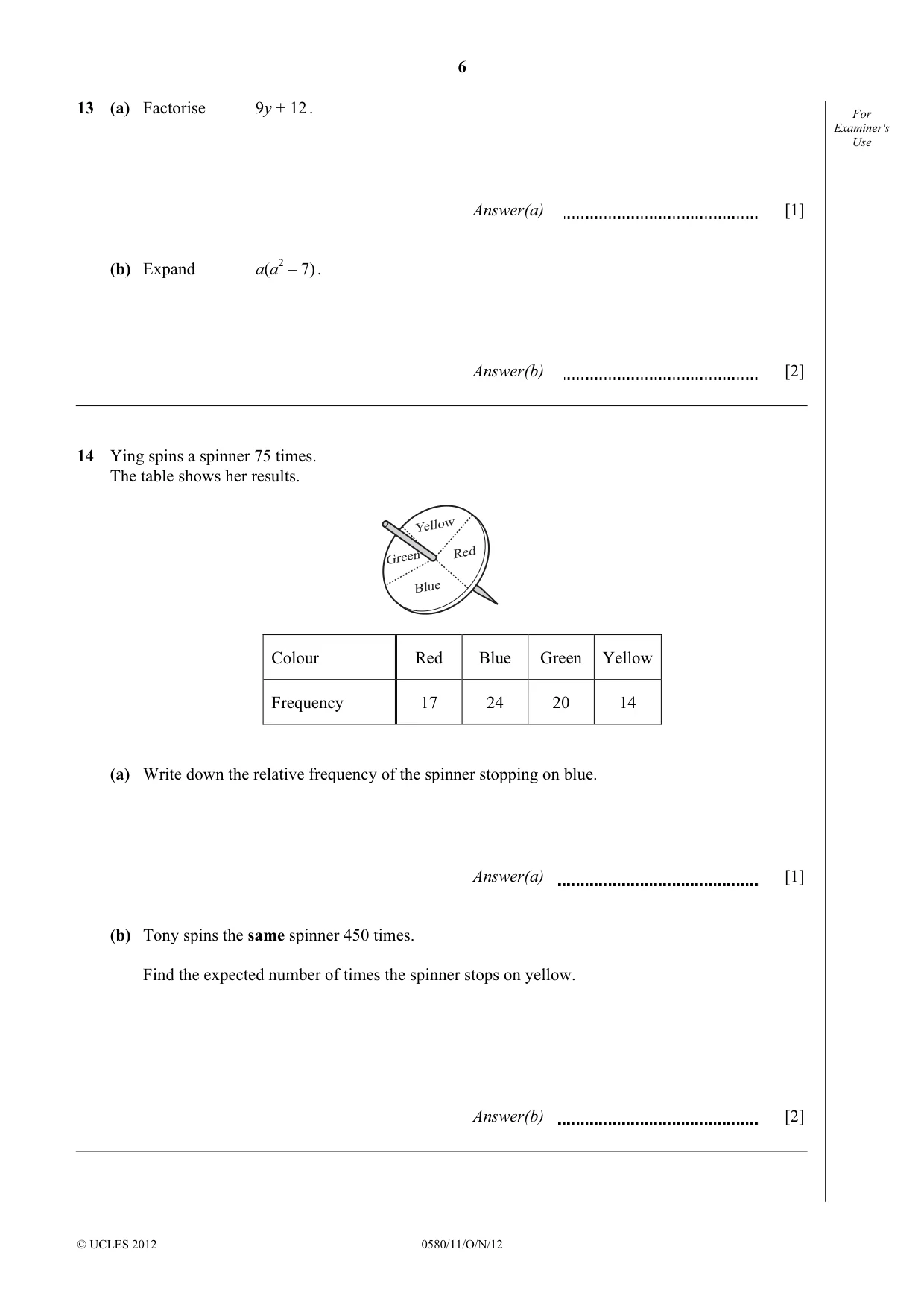 Cambridge IGCSE Mathematics 0580 2012 Oct/Nov Paper 1 · Variant 1 question paper, page 6 of 12