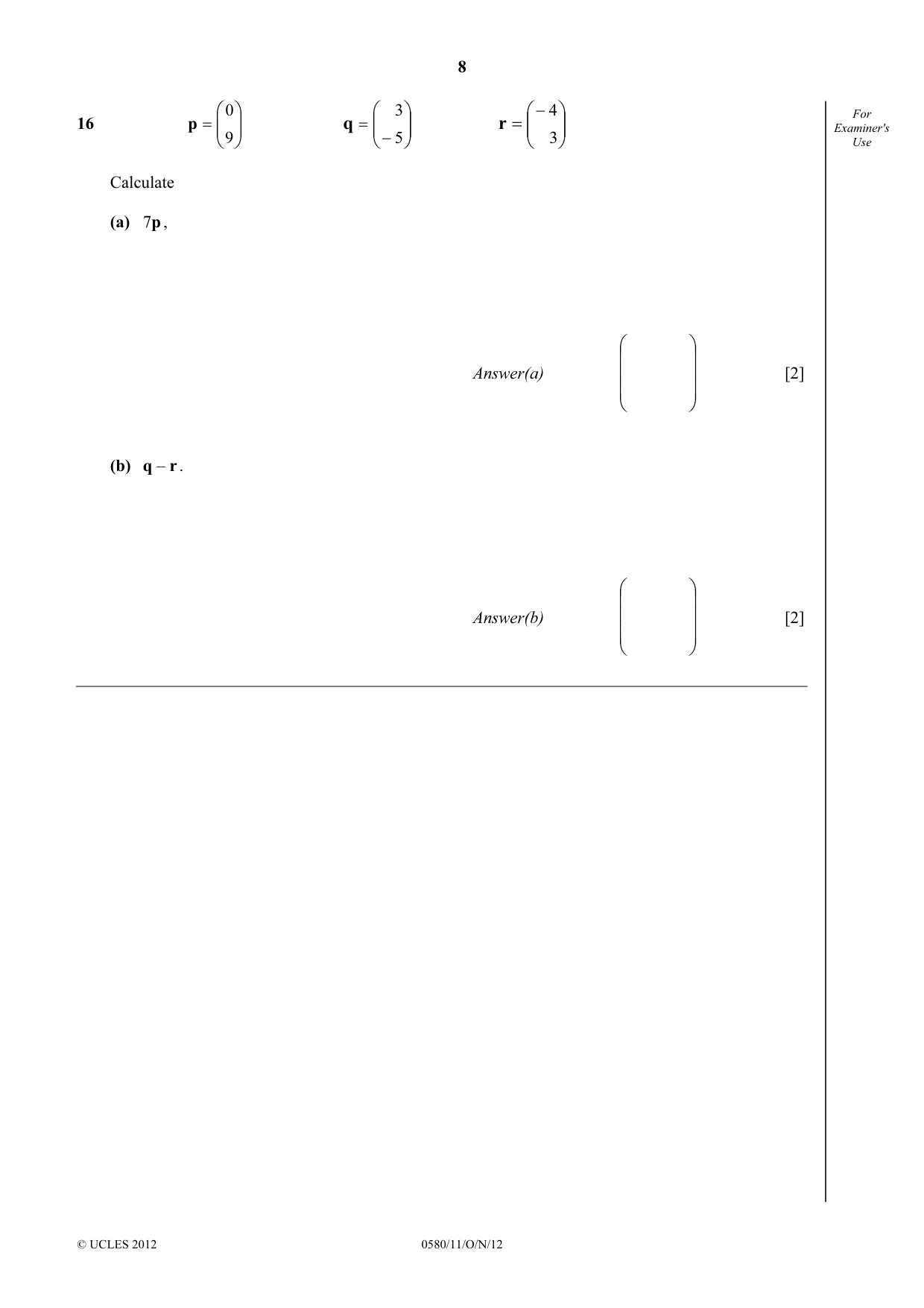 Cambridge IGCSE Mathematics 0580 2012 Oct/Nov Paper 1 · Variant 1 question paper, page 8 of 12