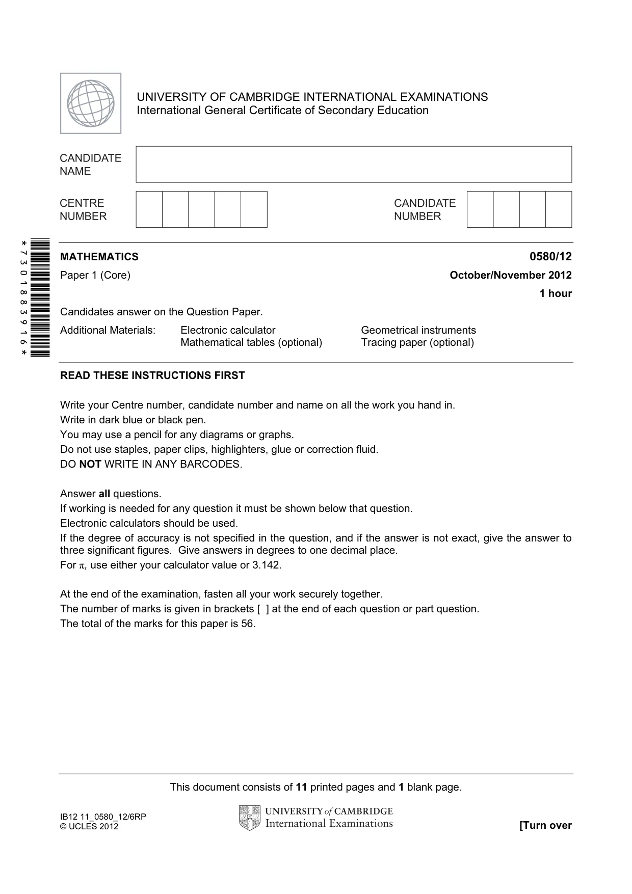 Cambridge IGCSE Mathematics 0580 2012 Oct/Nov Paper 1 · Variant 2 question paper, page 1 of 12