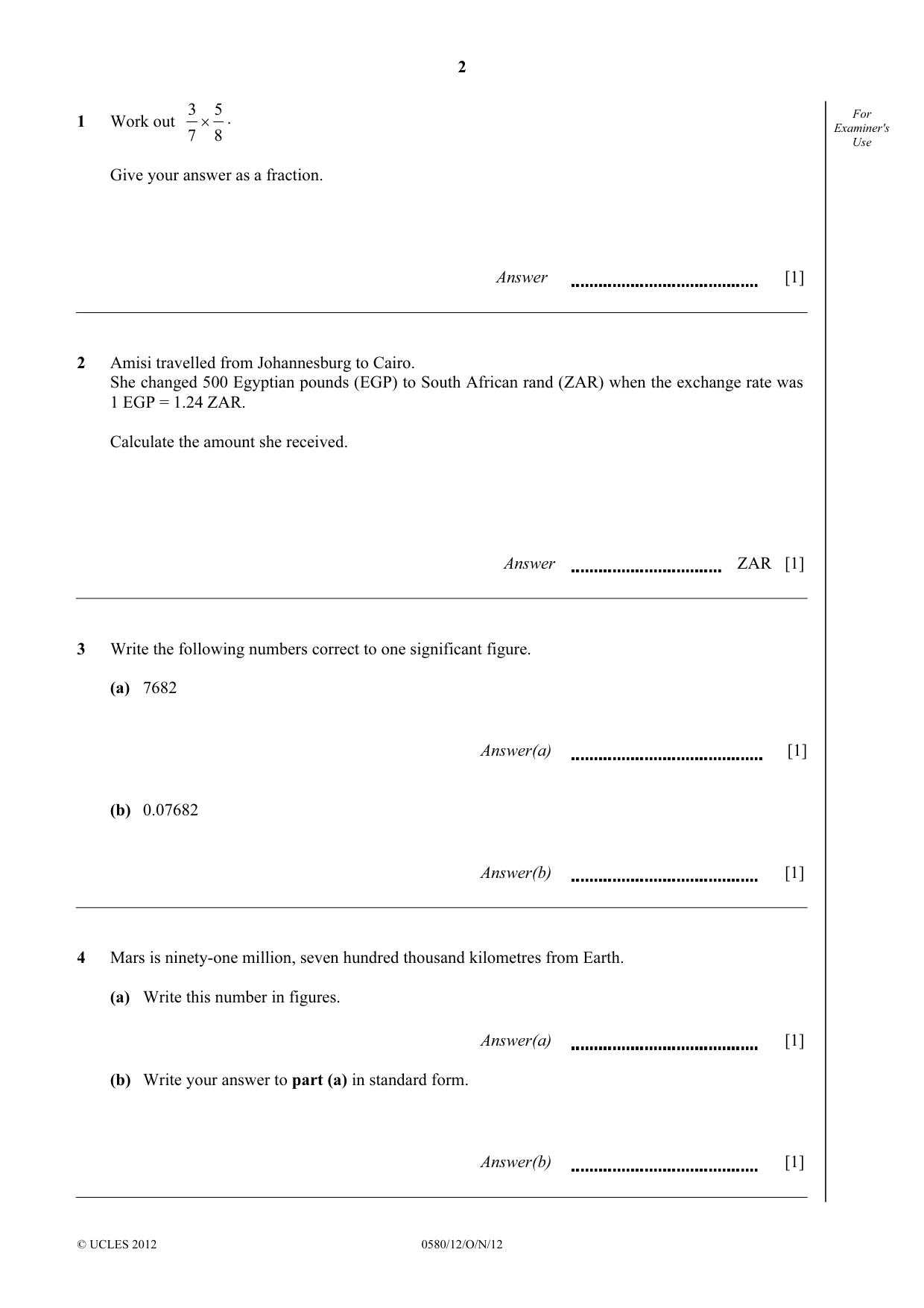 Cambridge IGCSE Mathematics 0580 2012 Oct/Nov Paper 1 · Variant 2 question paper, page 2 of 12