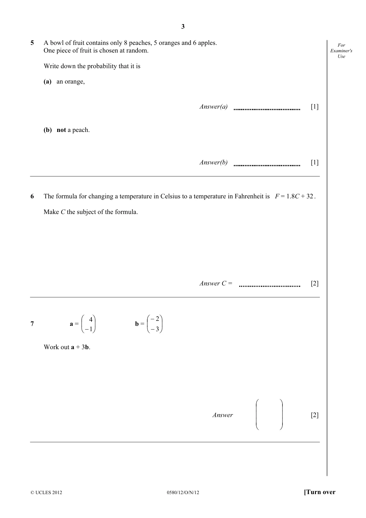 Cambridge IGCSE Mathematics 0580 2012 Oct/Nov Paper 1 · Variant 2 question paper, page 3 of 12