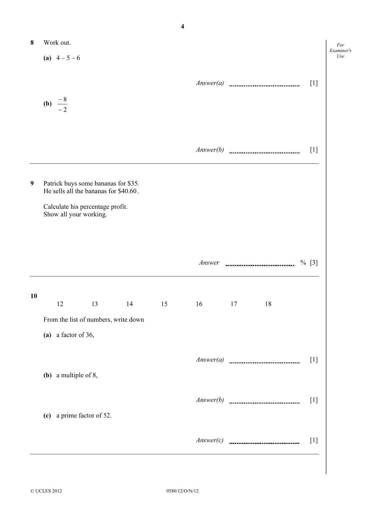 Cambridge IGCSE Mathematics 0580 2012 Oct/Nov Paper 1 · Variant 2 question paper, page 4 of 12