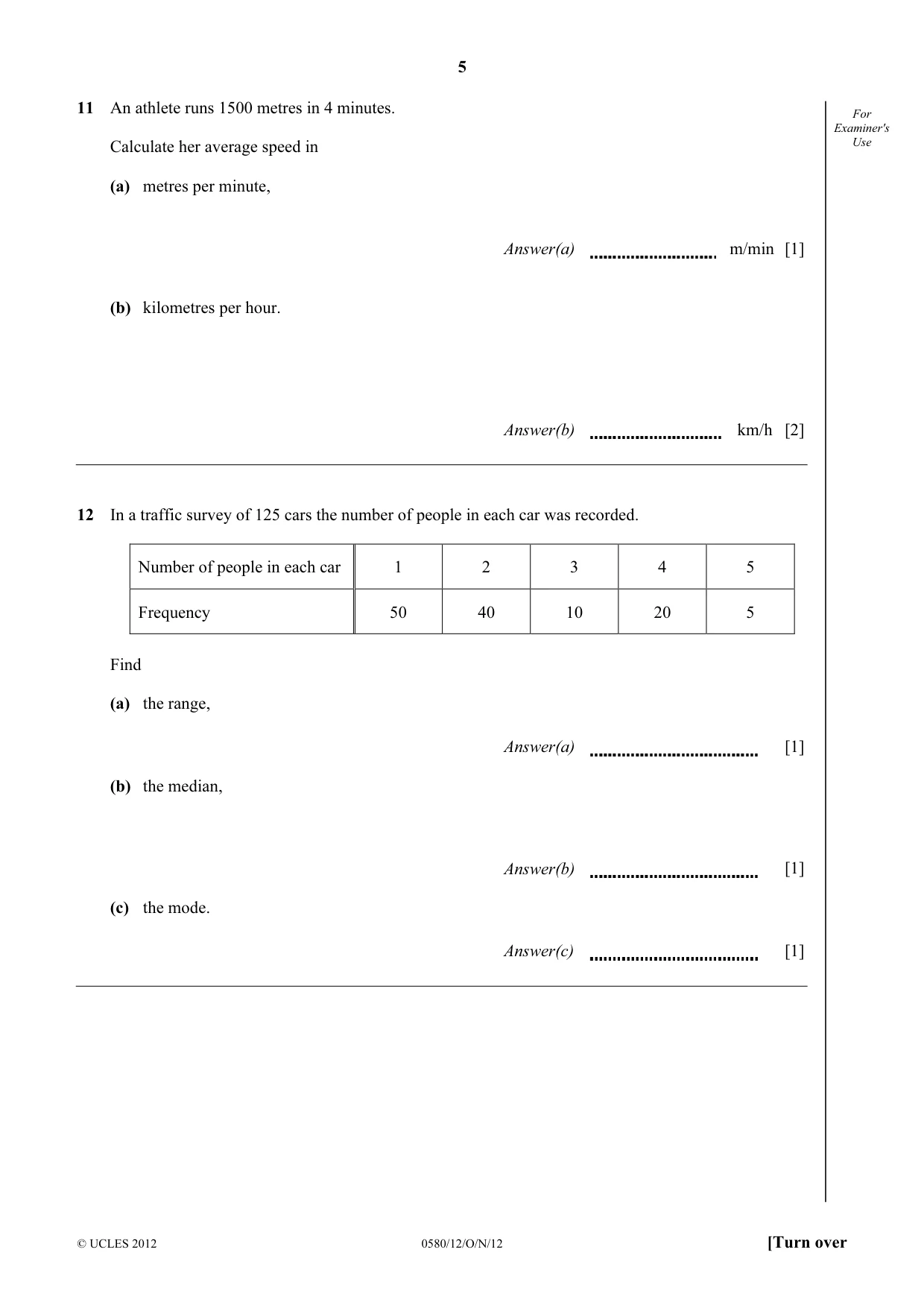 Cambridge IGCSE Mathematics 0580 2012 Oct/Nov Paper 1 · Variant 2 question paper, page 5 of 12