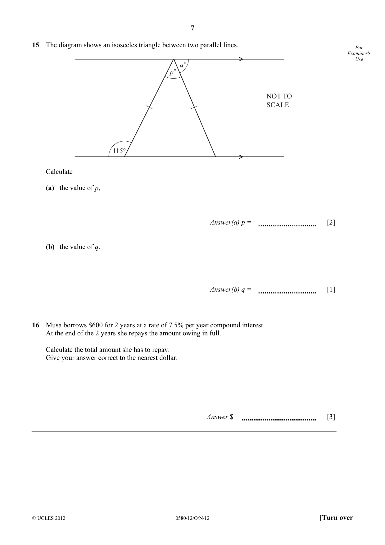 Cambridge IGCSE Mathematics 0580 2012 Oct/Nov Paper 1 · Variant 2 question paper, page 7 of 12