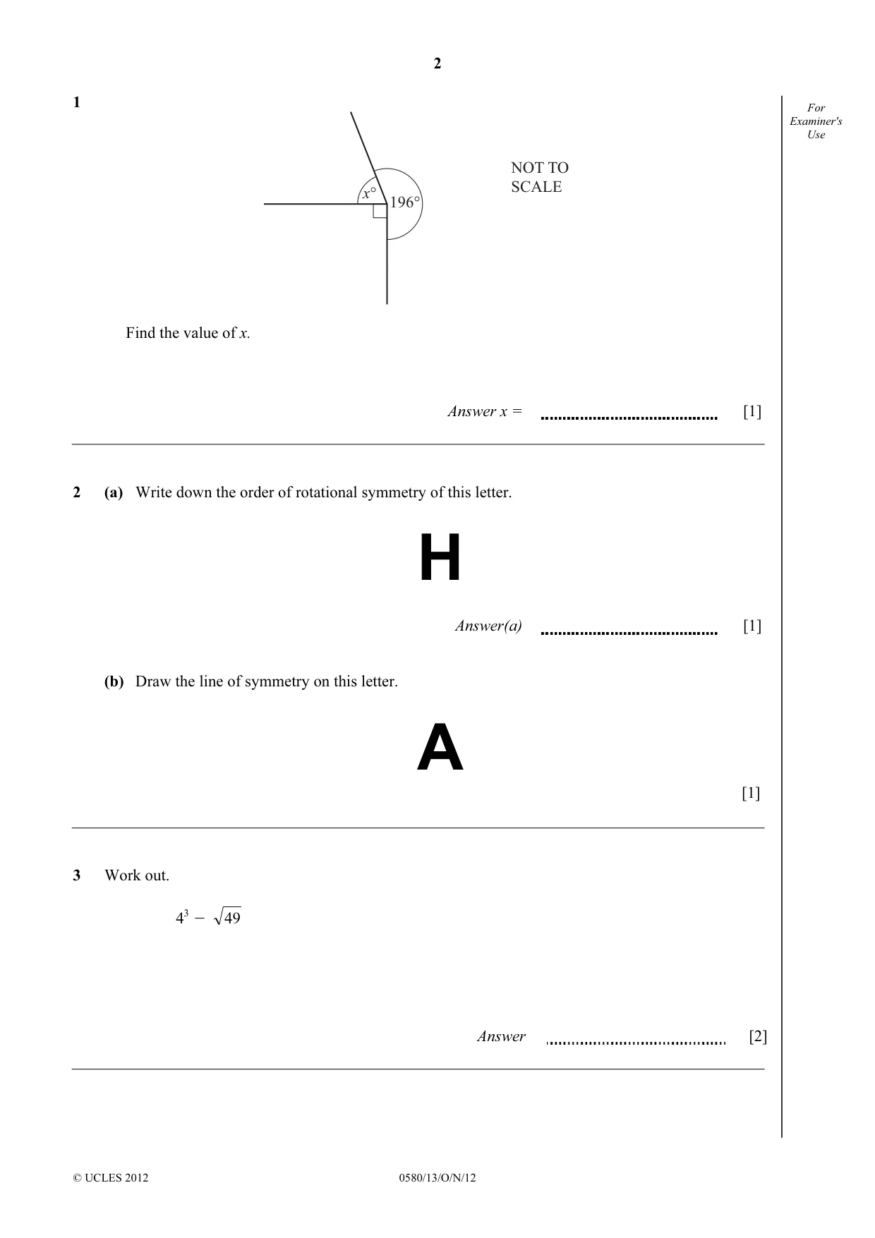 Cambridge IGCSE Mathematics 0580 2012 Oct/Nov Paper 1 · Variant 3 question paper, page 2 of 12
