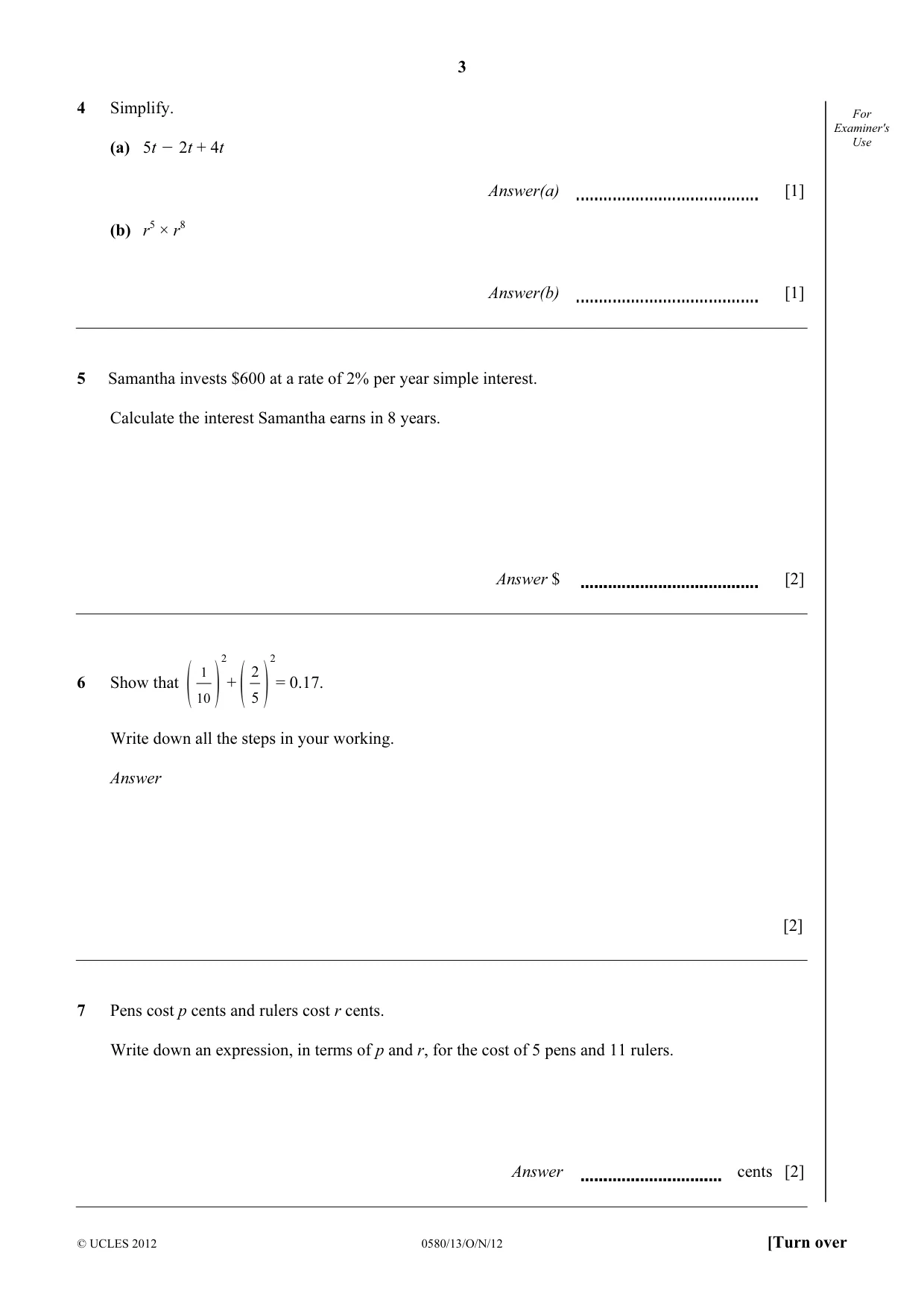 Cambridge IGCSE Mathematics 0580 2012 Oct/Nov Paper 1 · Variant 3 question paper, page 3 of 12