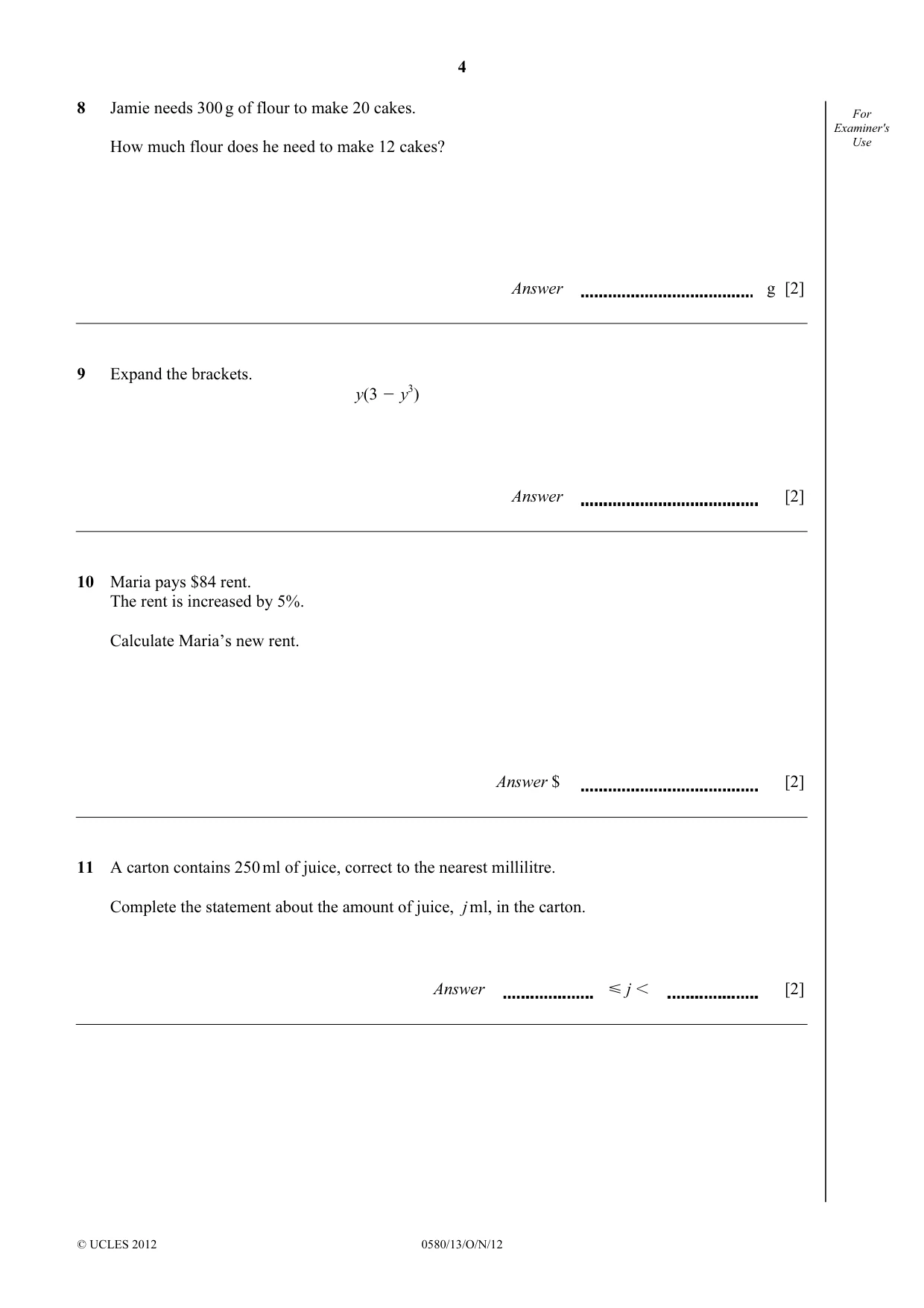 Cambridge IGCSE Mathematics 0580 2012 Oct/Nov Paper 1 · Variant 3 question paper, page 4 of 12